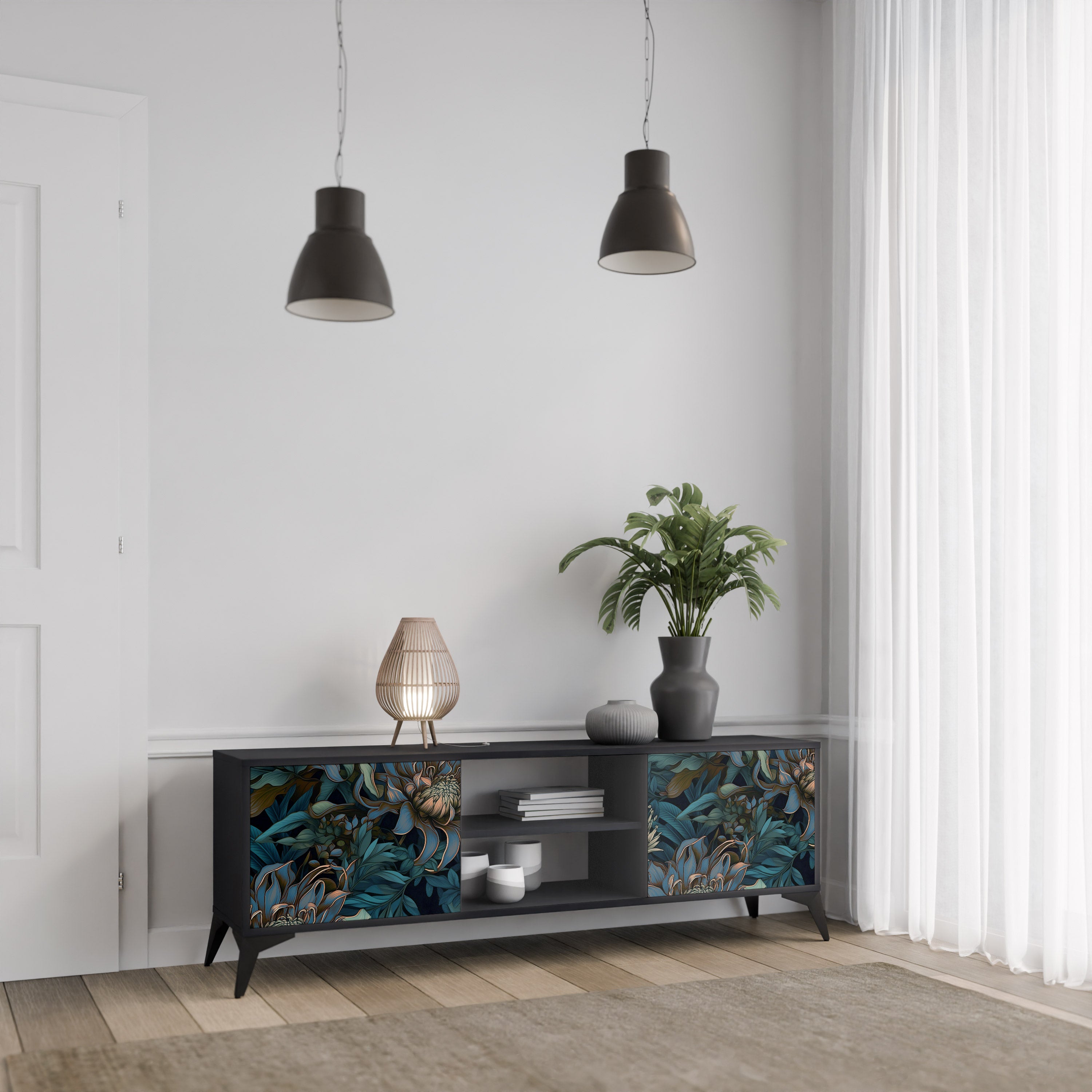 Mueble de TV de 2 puertas TWILIGHT BLOOM con acabado negro