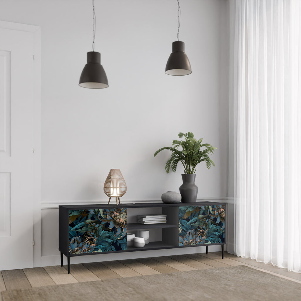 Mueble de TV de 2 puertas TWILIGHT BLOOM con acabado negro