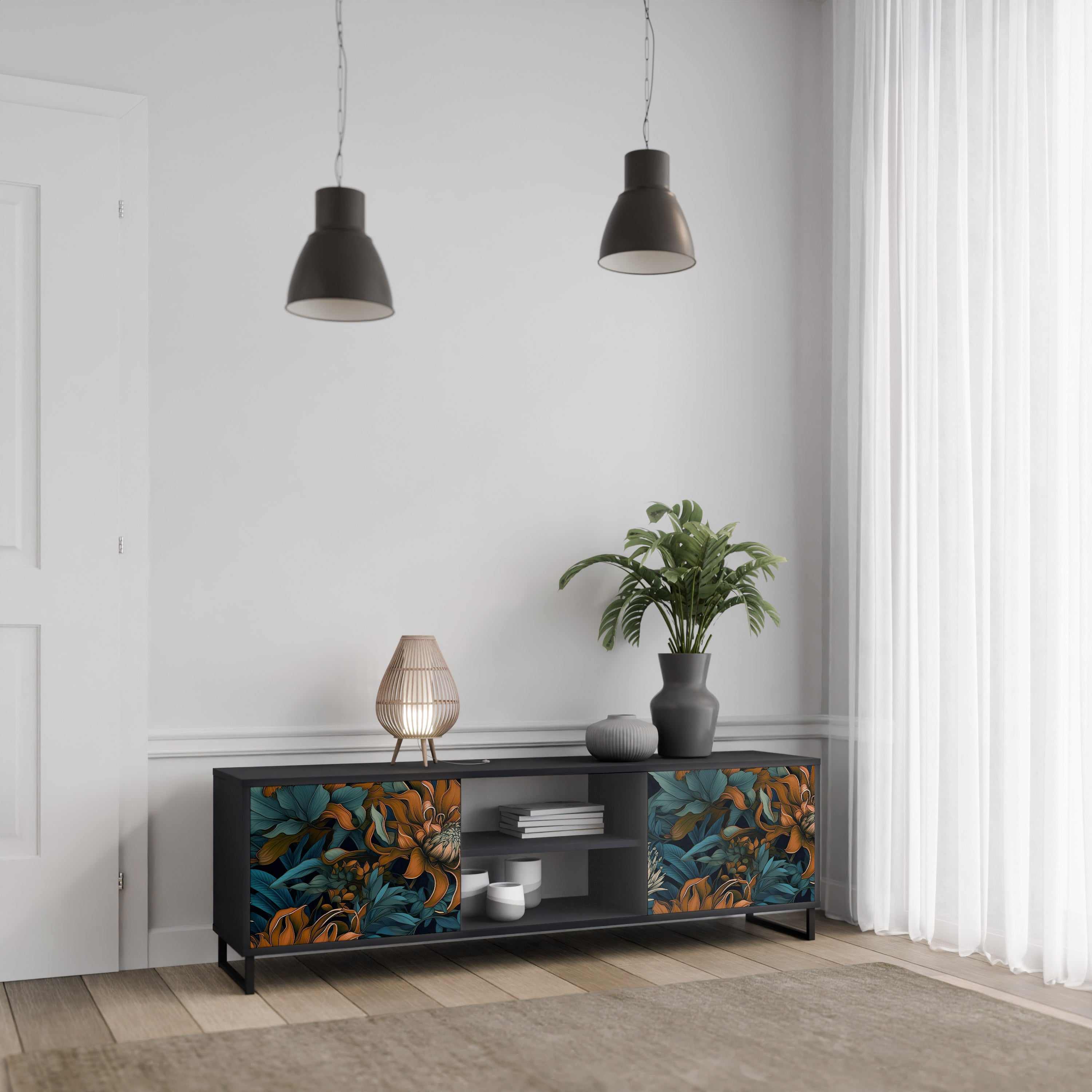 Mueble de TV de 2 puertas MORNING BLOOM en acabado negro