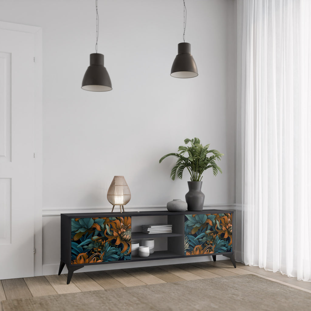 Mueble de TV de 2 puertas MORNING BLOOM en acabado negro