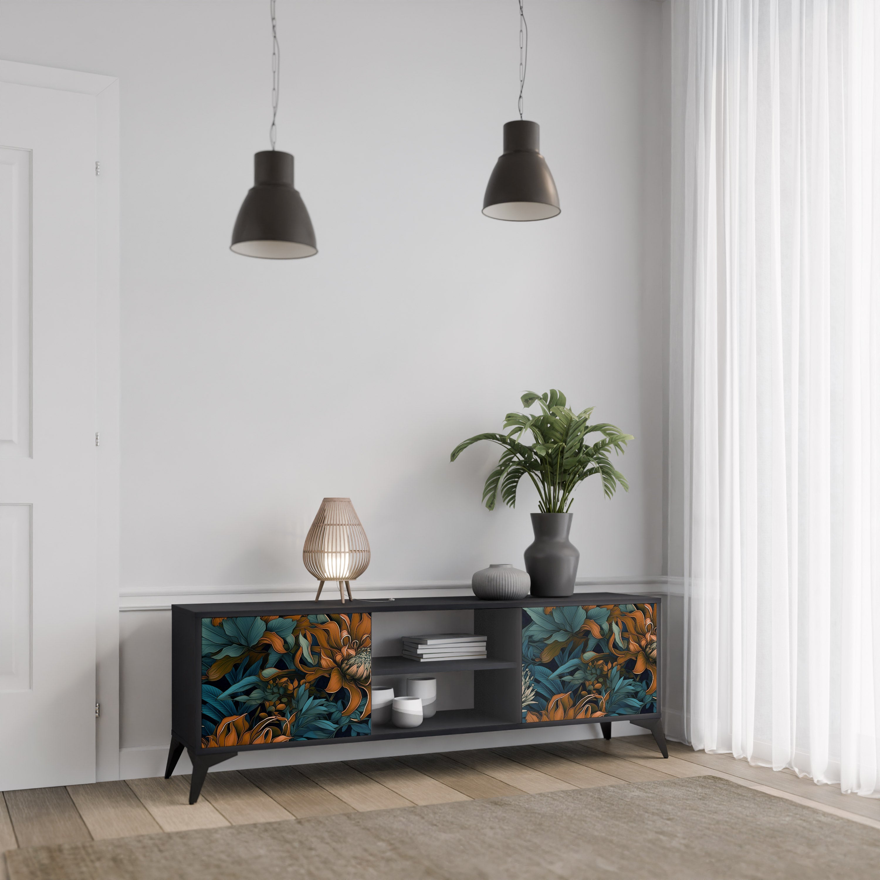 Mueble de TV de 2 puertas MORNING BLOOM en acabado negro