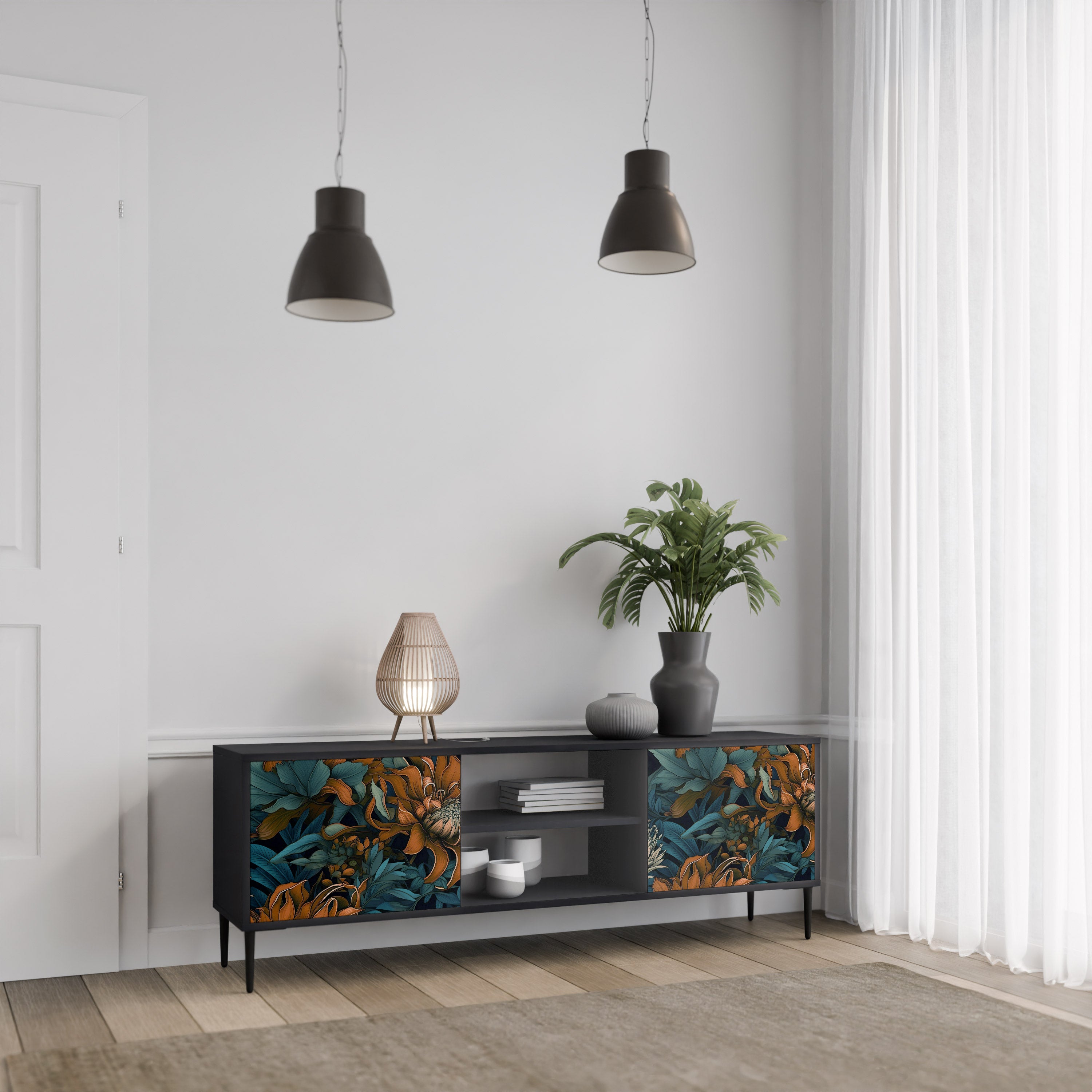 Mueble de TV de 2 puertas MORNING BLOOM en acabado negro