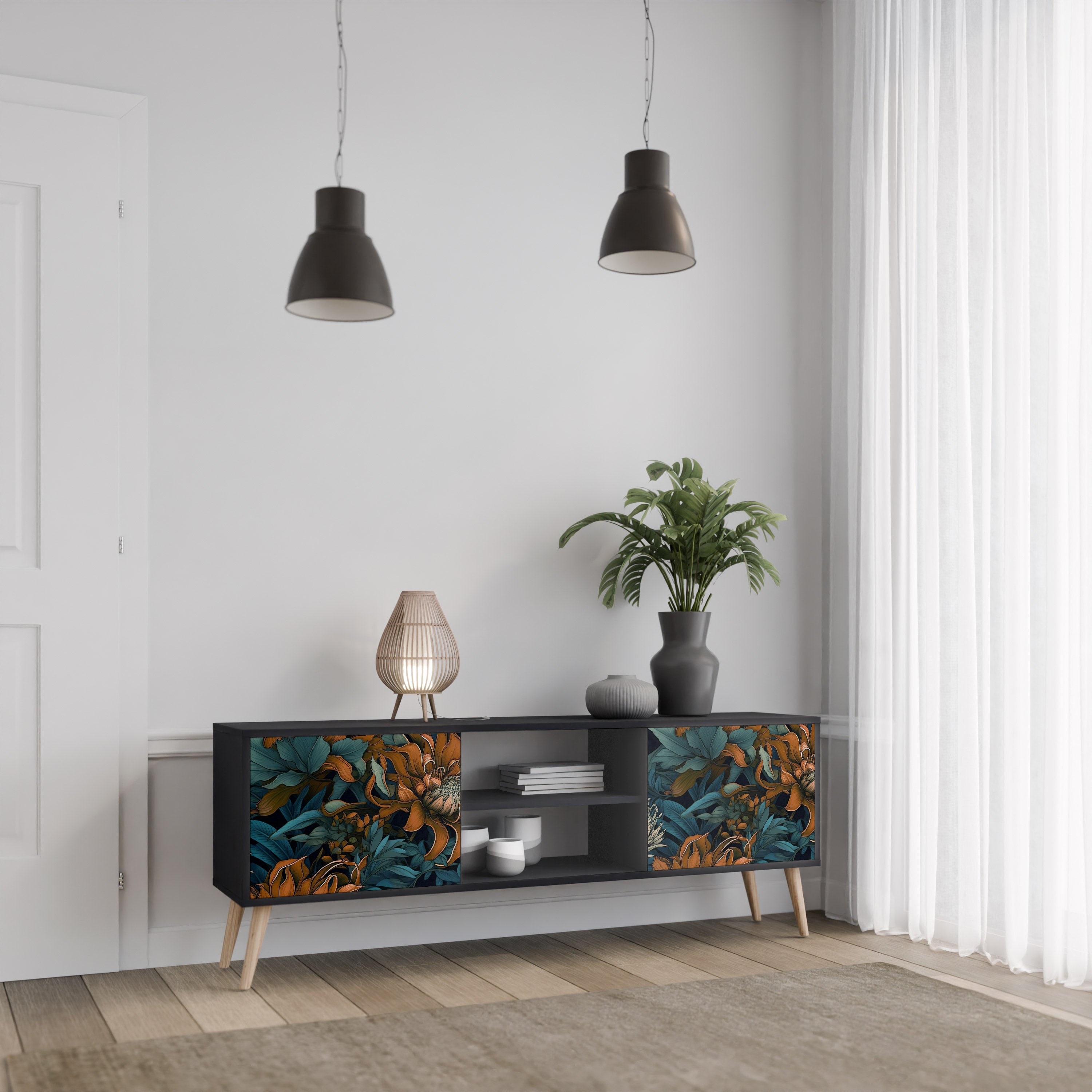 Mueble de TV de 2 puertas MORNING BLOOM en acabado negro