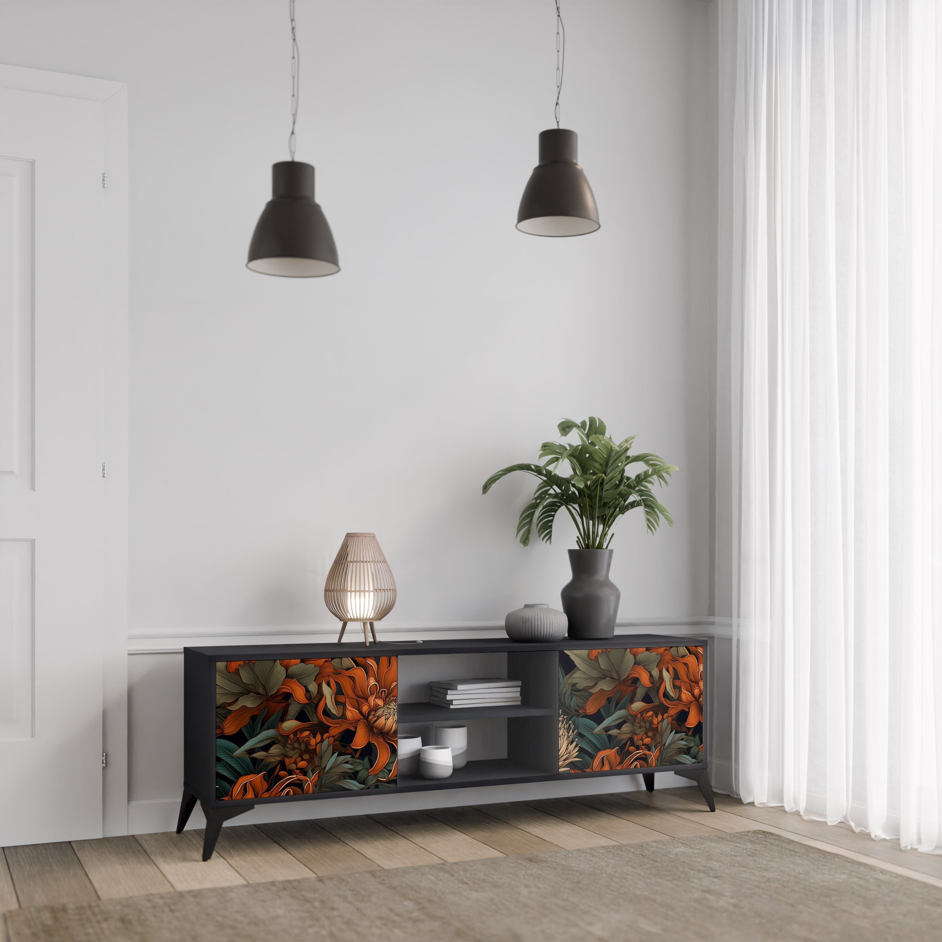 Mueble de TV de 2 puertas DAWN BLOOM con acabado negro