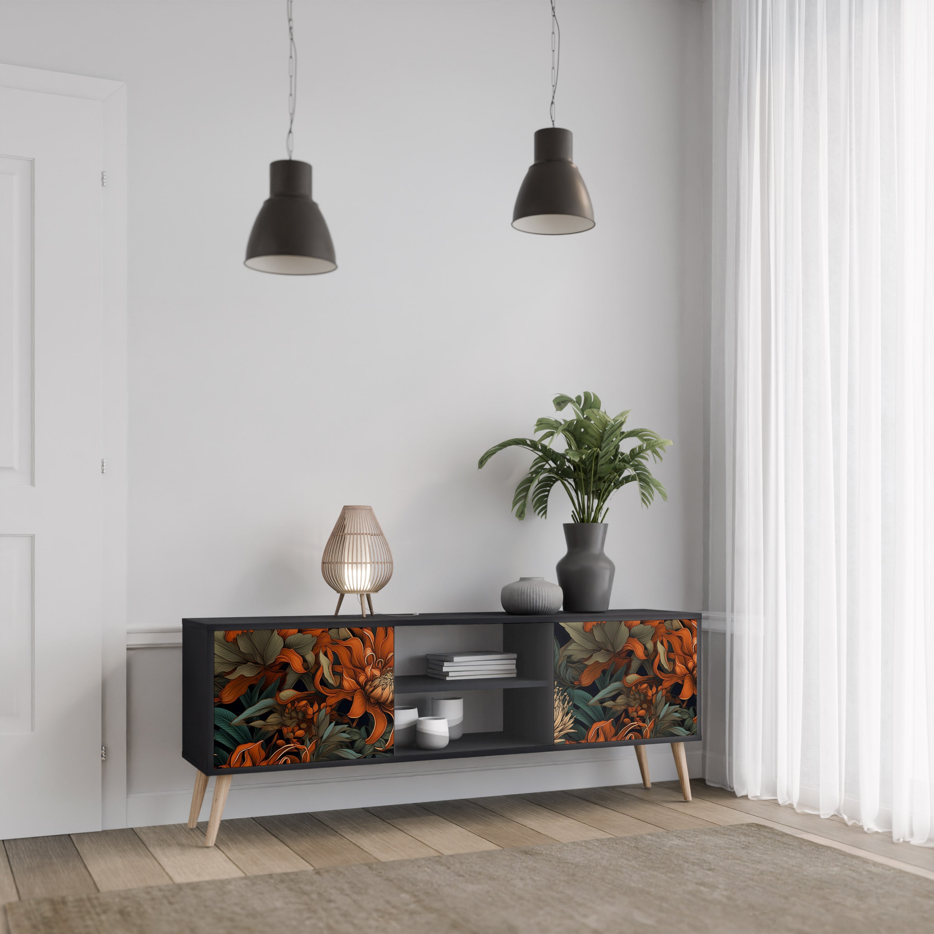 Mueble de TV de 2 puertas DAWN BLOOM con acabado negro
