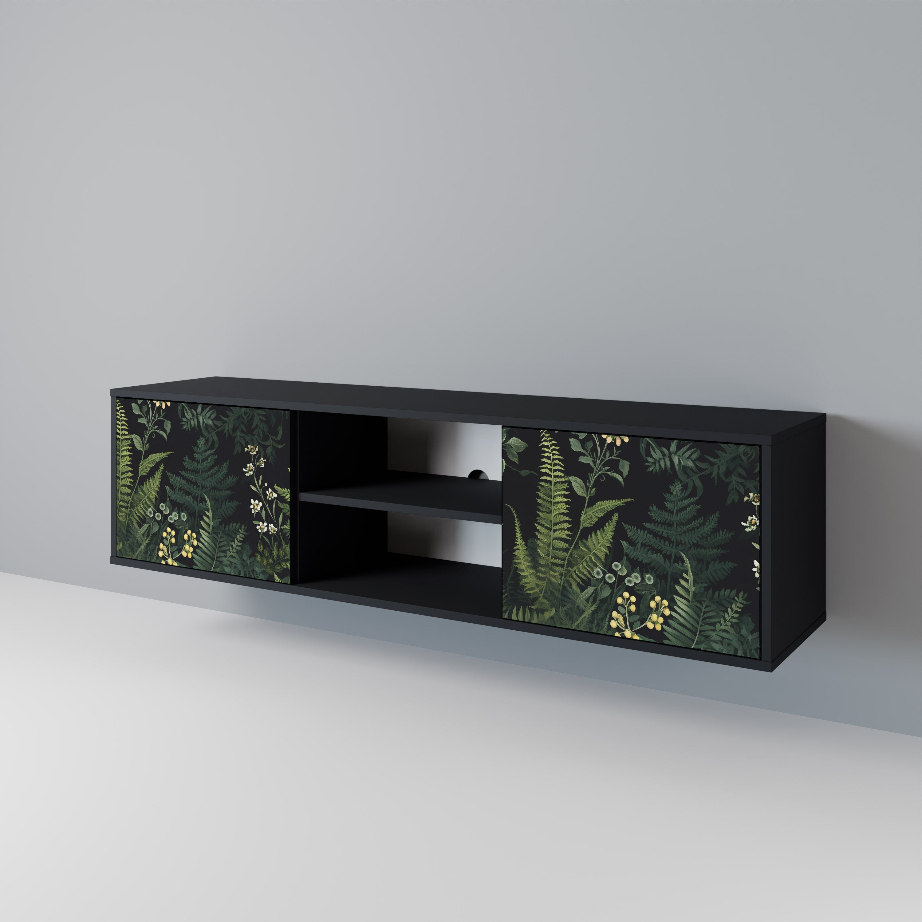 Mueble de TV de 2 puertas FERN FLOWERS con acabado negro