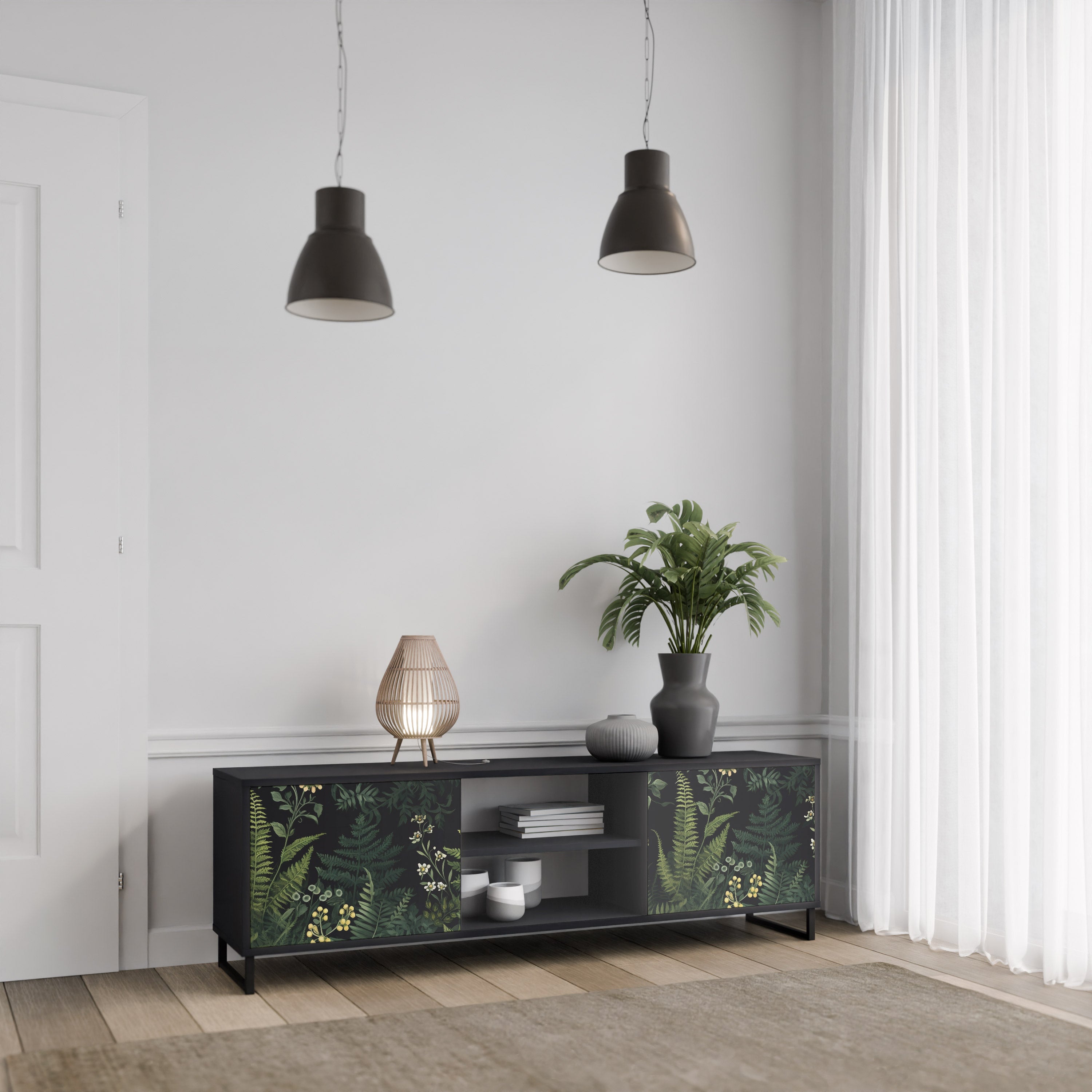 Mueble de TV de 2 puertas FERN FLOWERS con acabado negro