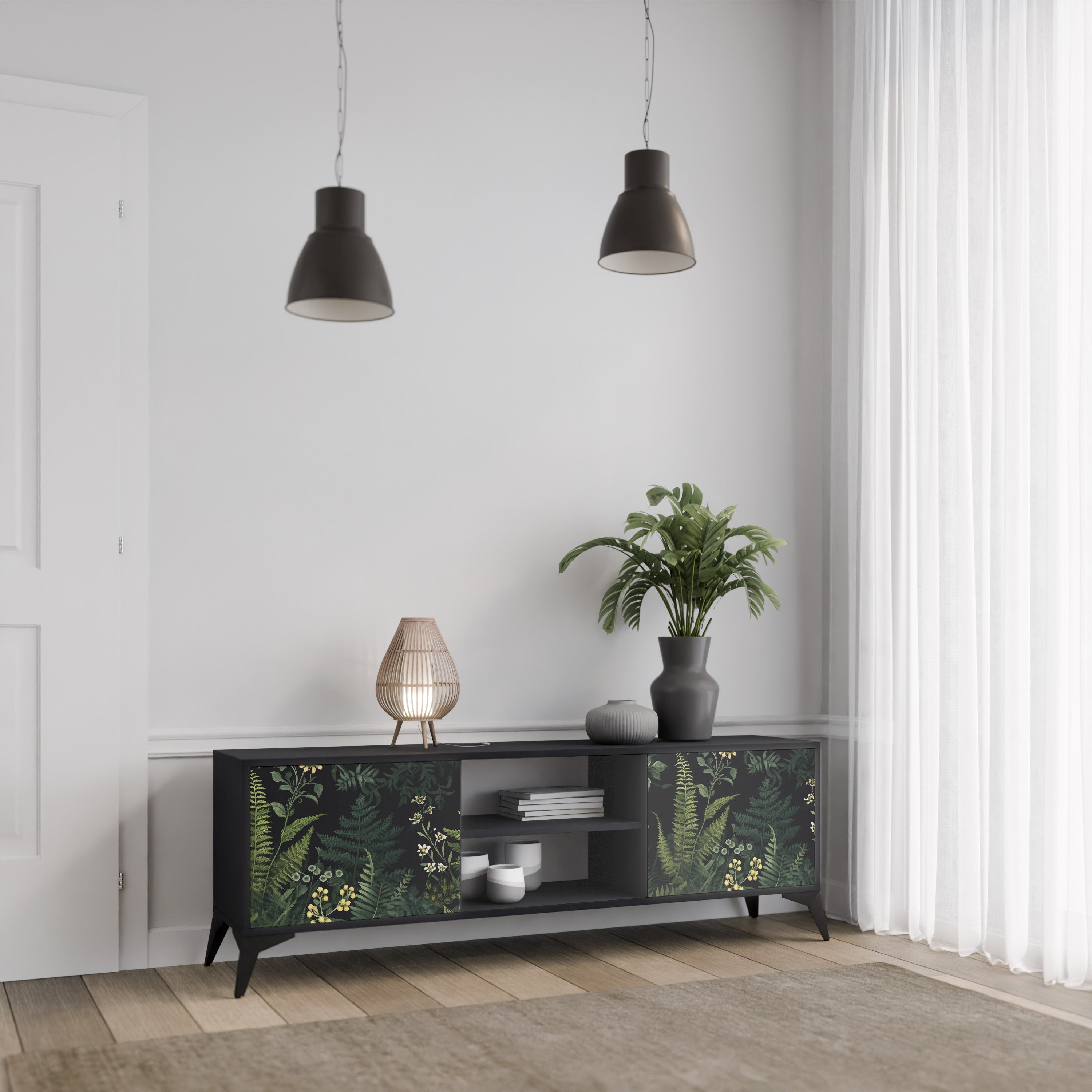 Mueble de TV de 2 puertas FERN FLOWERS con acabado negro