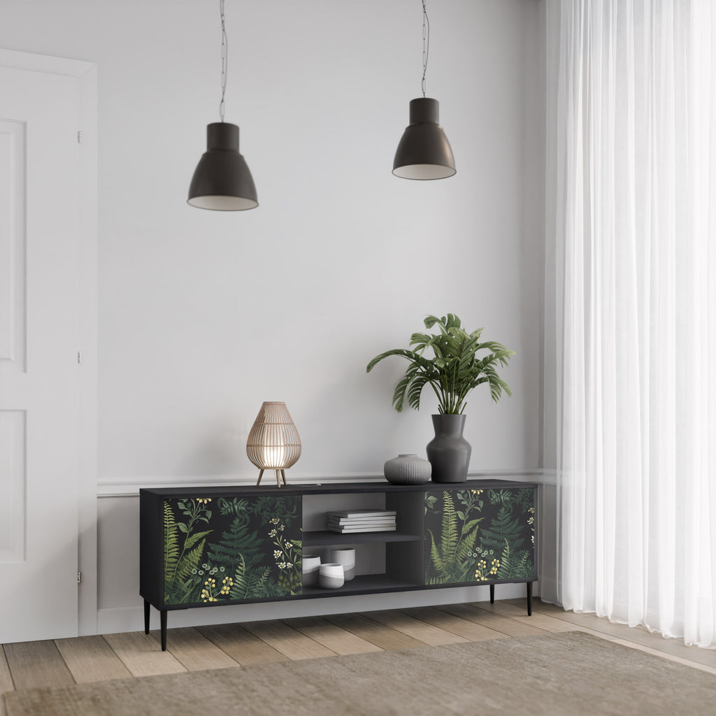 Mueble de TV de 2 puertas FERN FLOWERS con acabado negro