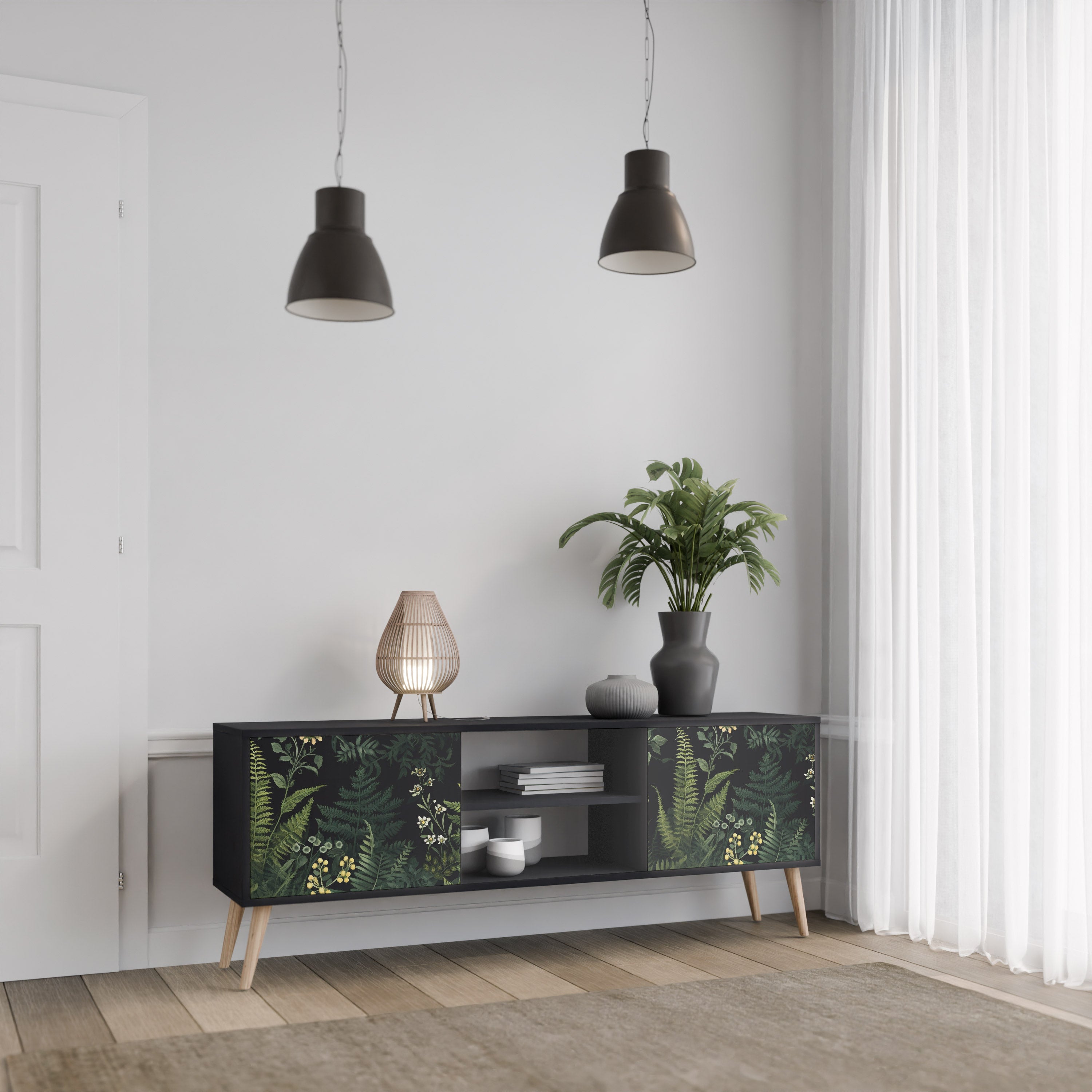 Mueble de TV de 2 puertas FERN FLOWERS con acabado negro