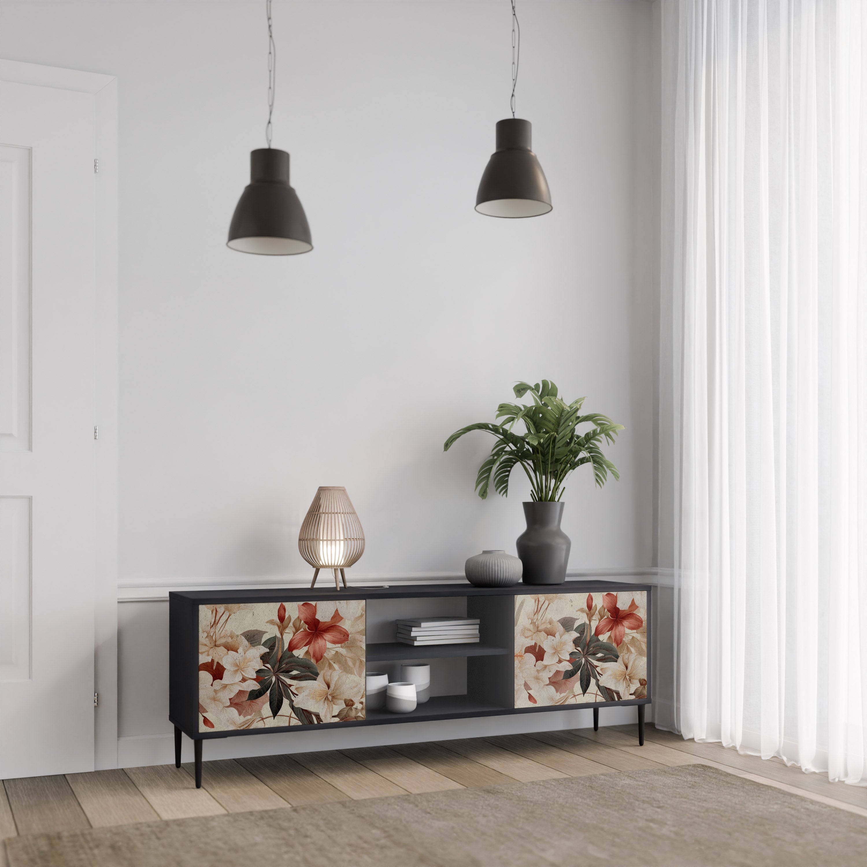 Mueble de TV de 2 puertas PETAL HARMONY en acabado negro