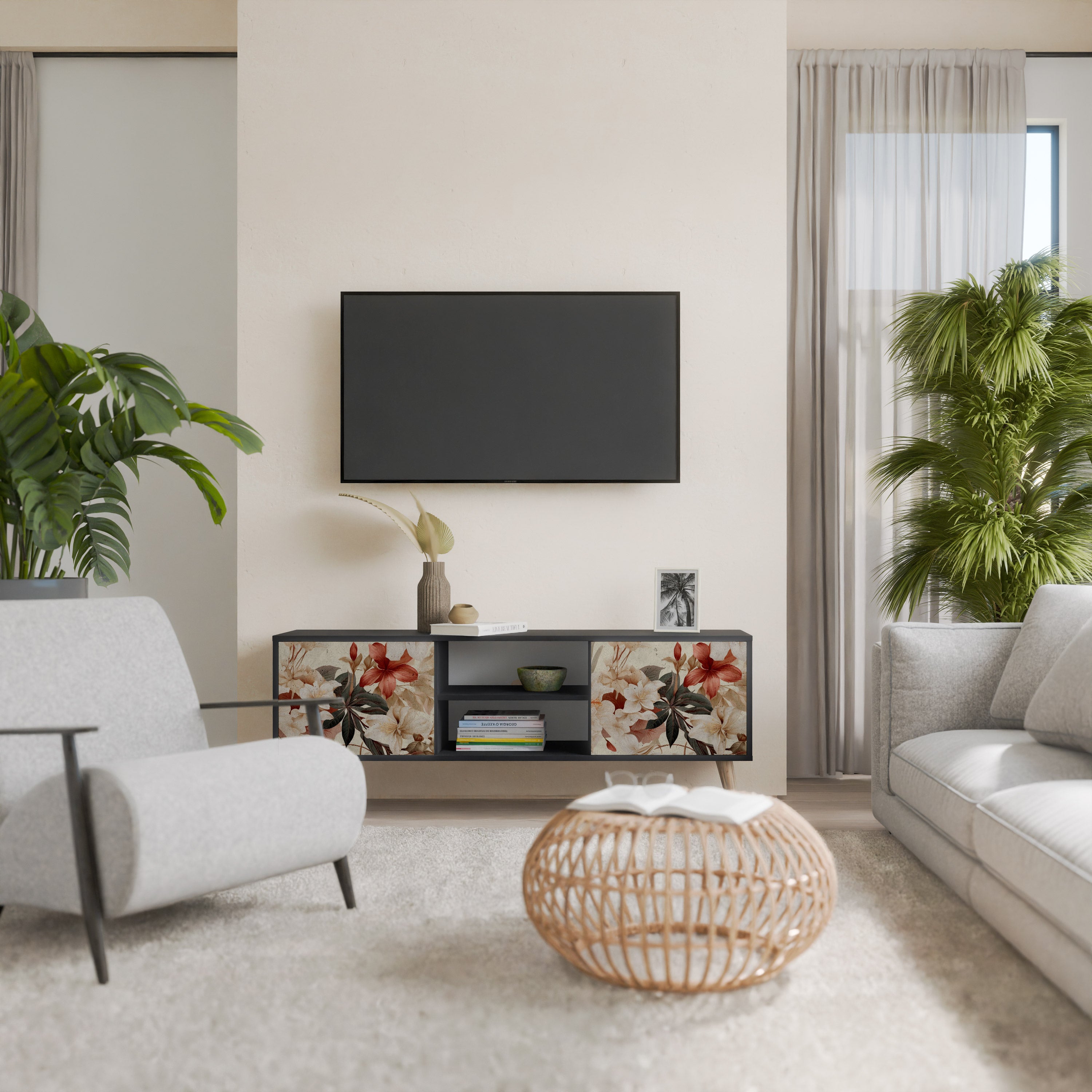 Mueble de TV de 2 puertas PETAL HARMONY en acabado negro