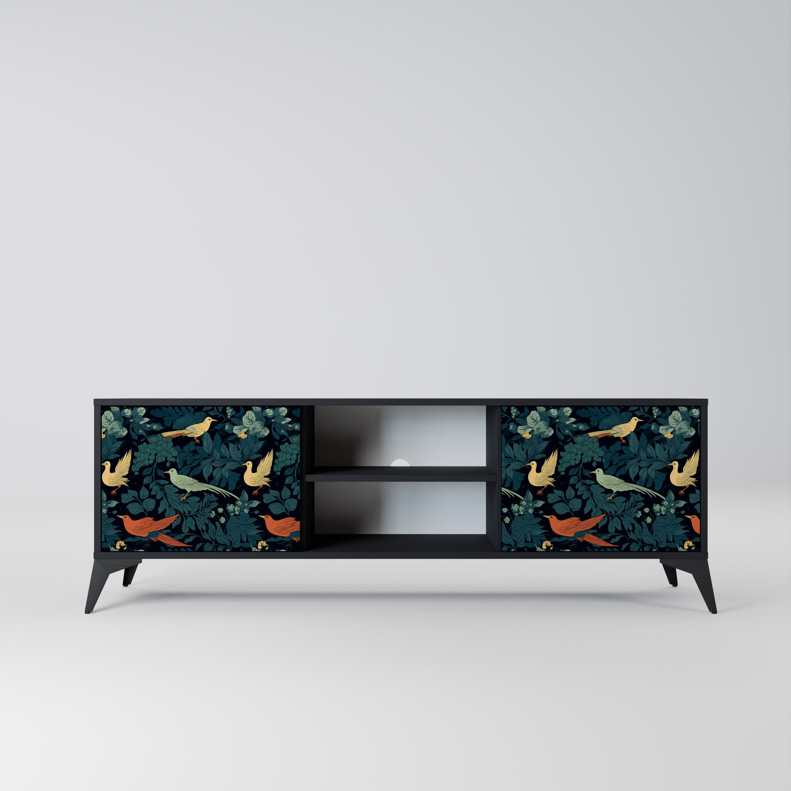 Mueble de TV de 2 puertas FOWL ORNAMENT con acabado negro