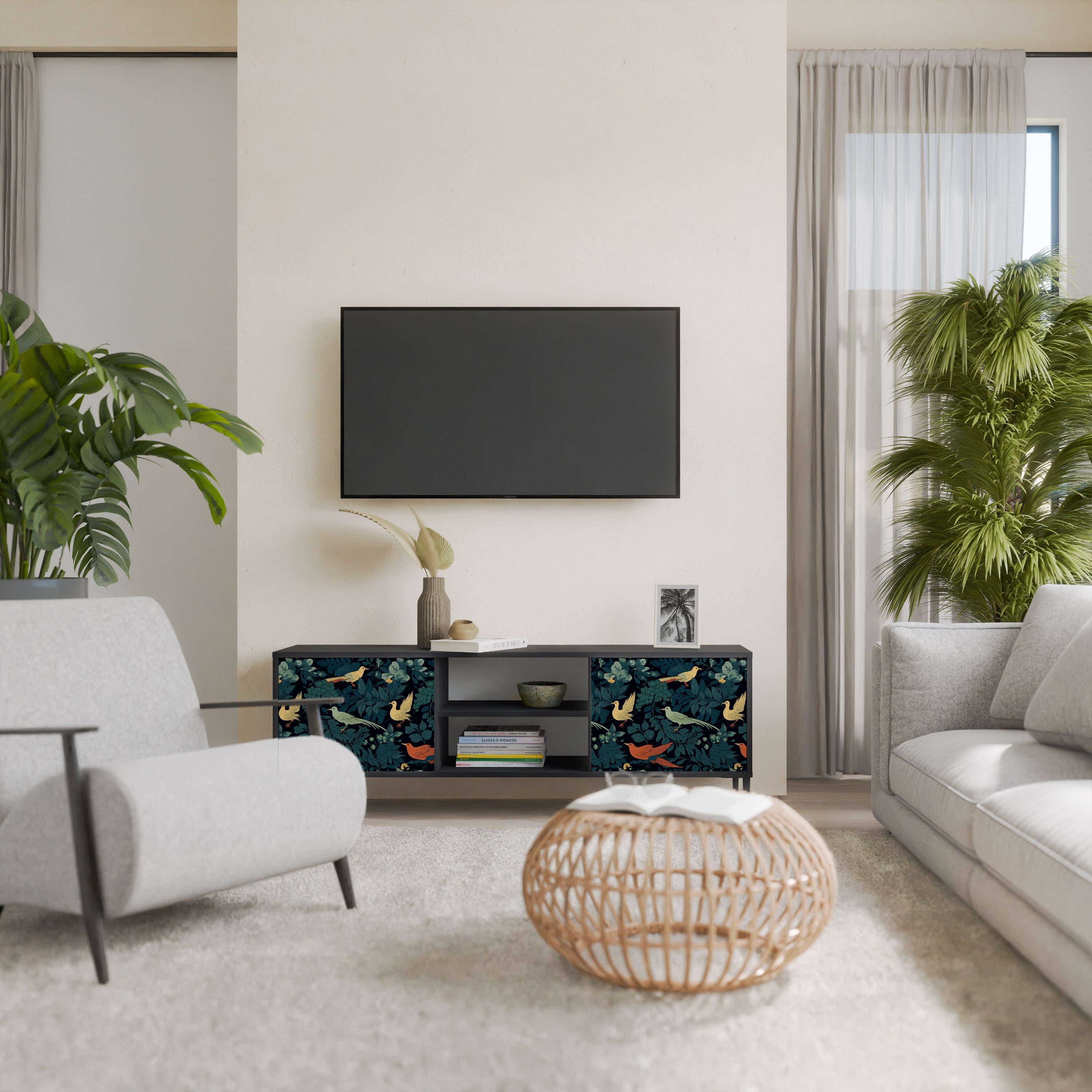 Mueble de TV de 2 puertas FOWL ORNAMENT con acabado negro
