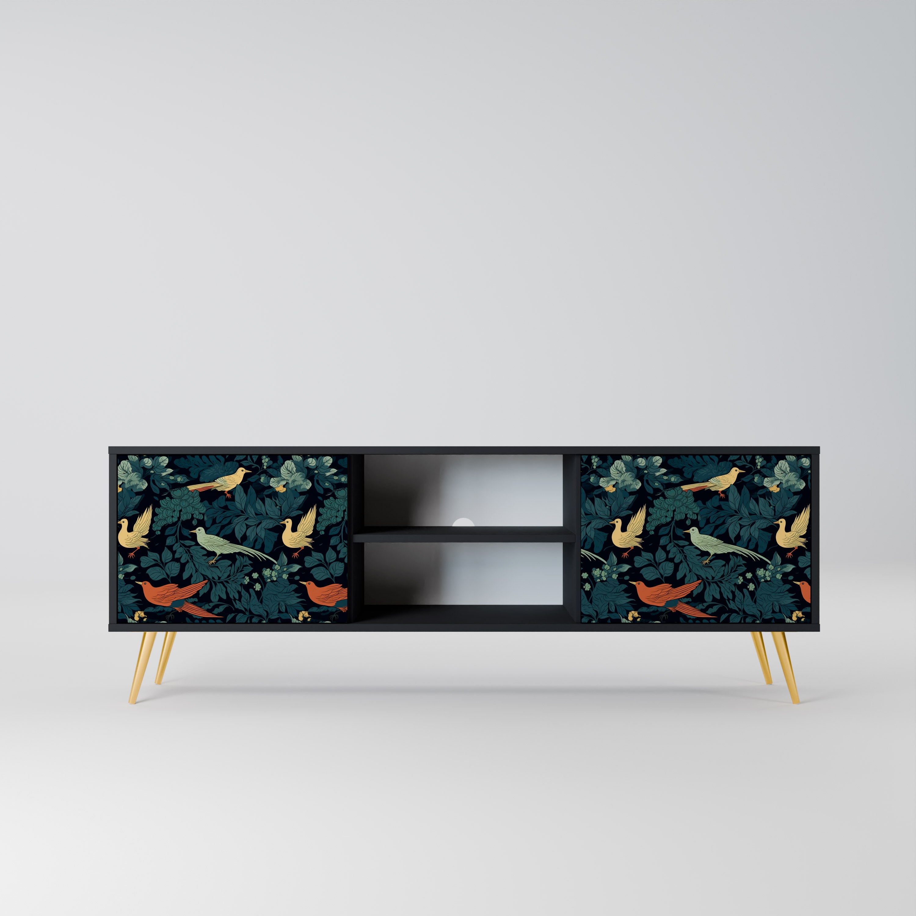 Mueble de TV de 2 puertas FOWL ORNAMENT con acabado negro