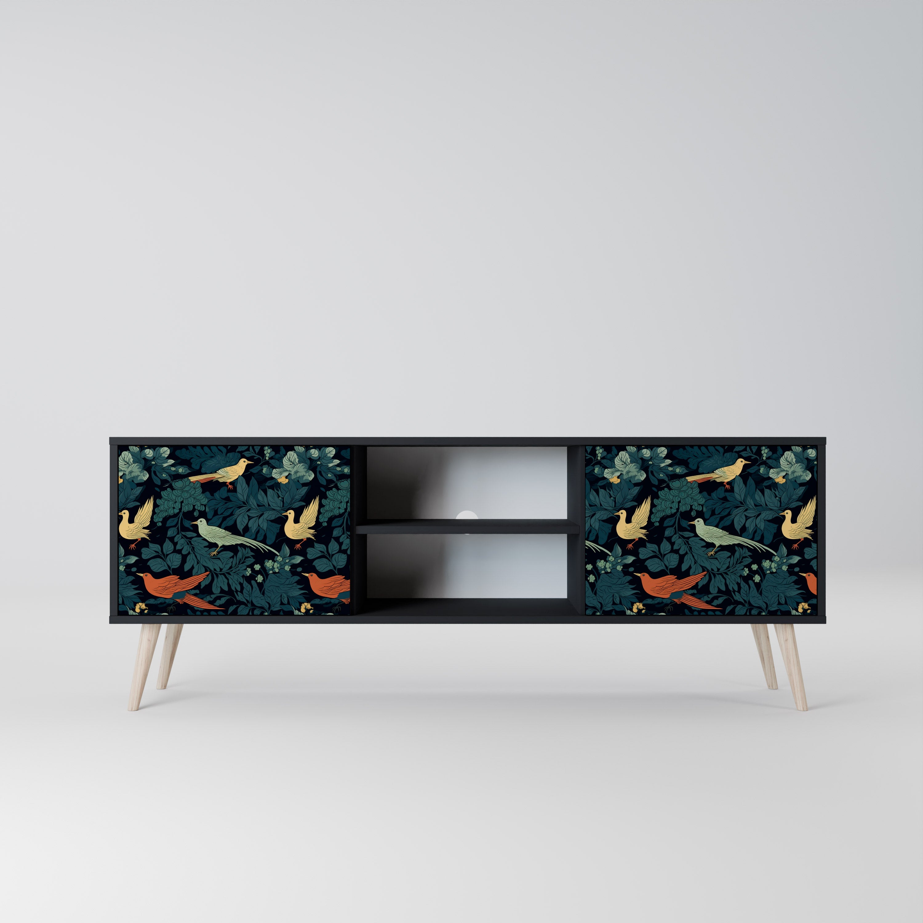 Mueble de TV de 2 puertas FOWL ORNAMENT con acabado negro