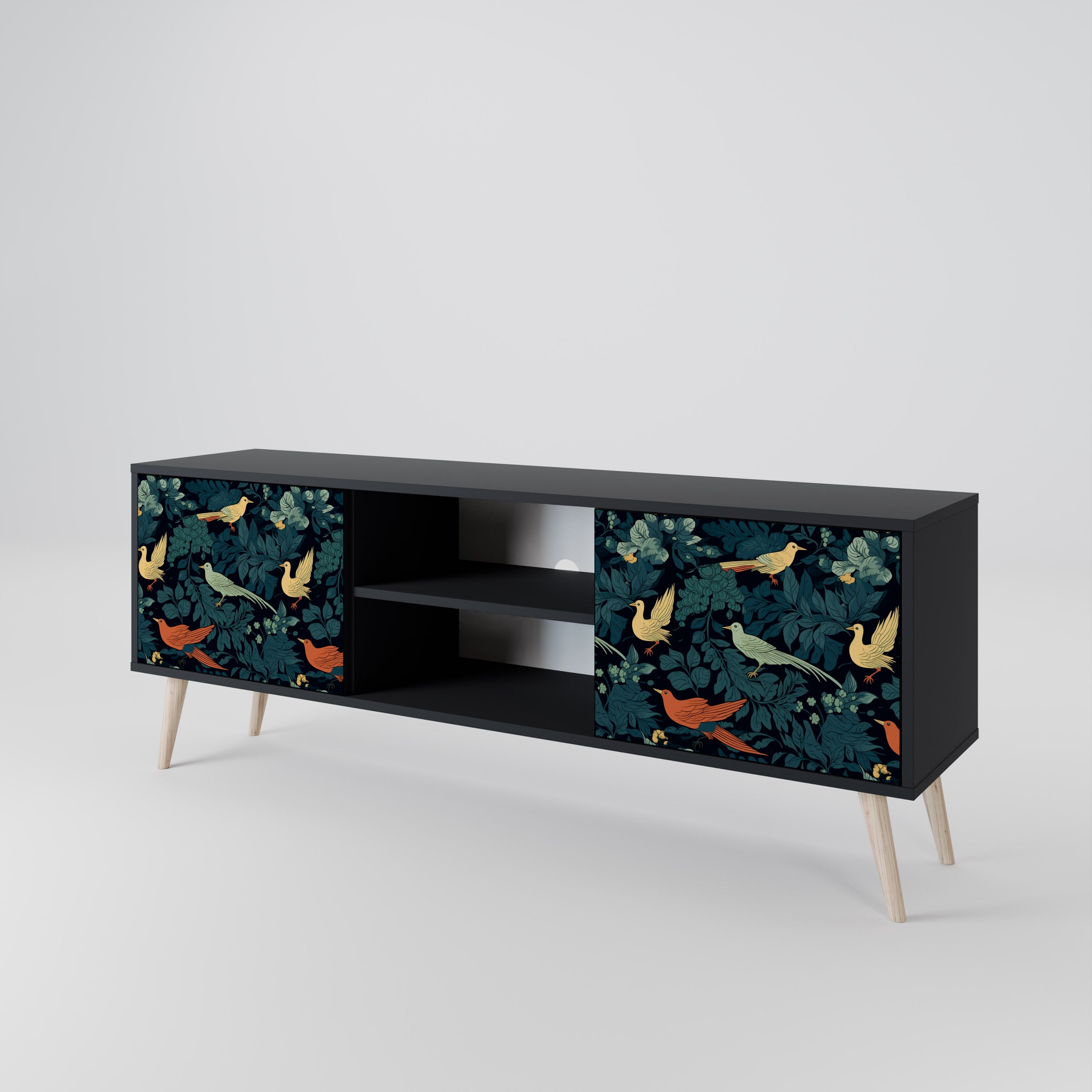Mueble de TV de 2 puertas FOWL ORNAMENT con acabado negro