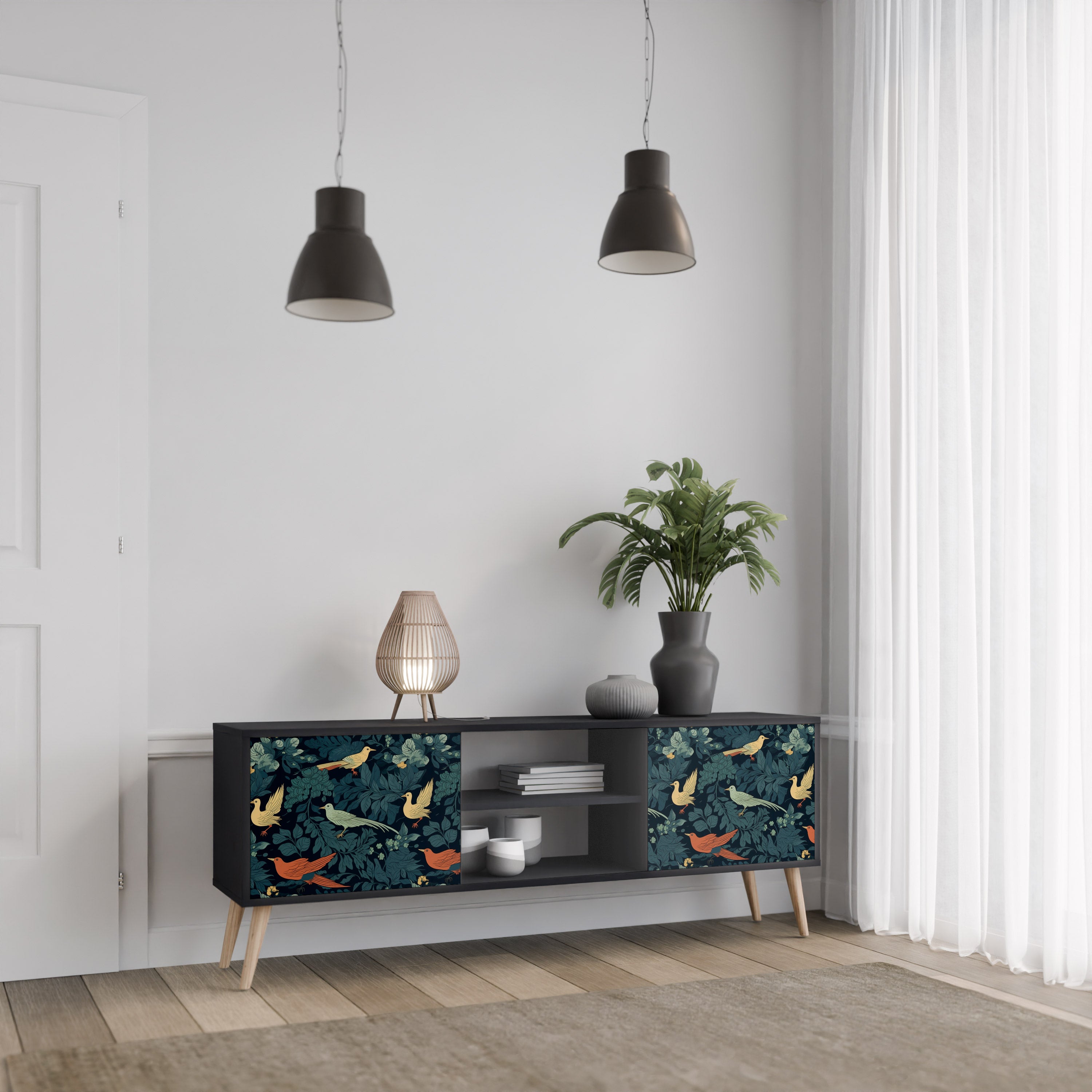 Mueble de TV de 2 puertas FOWL ORNAMENT con acabado negro