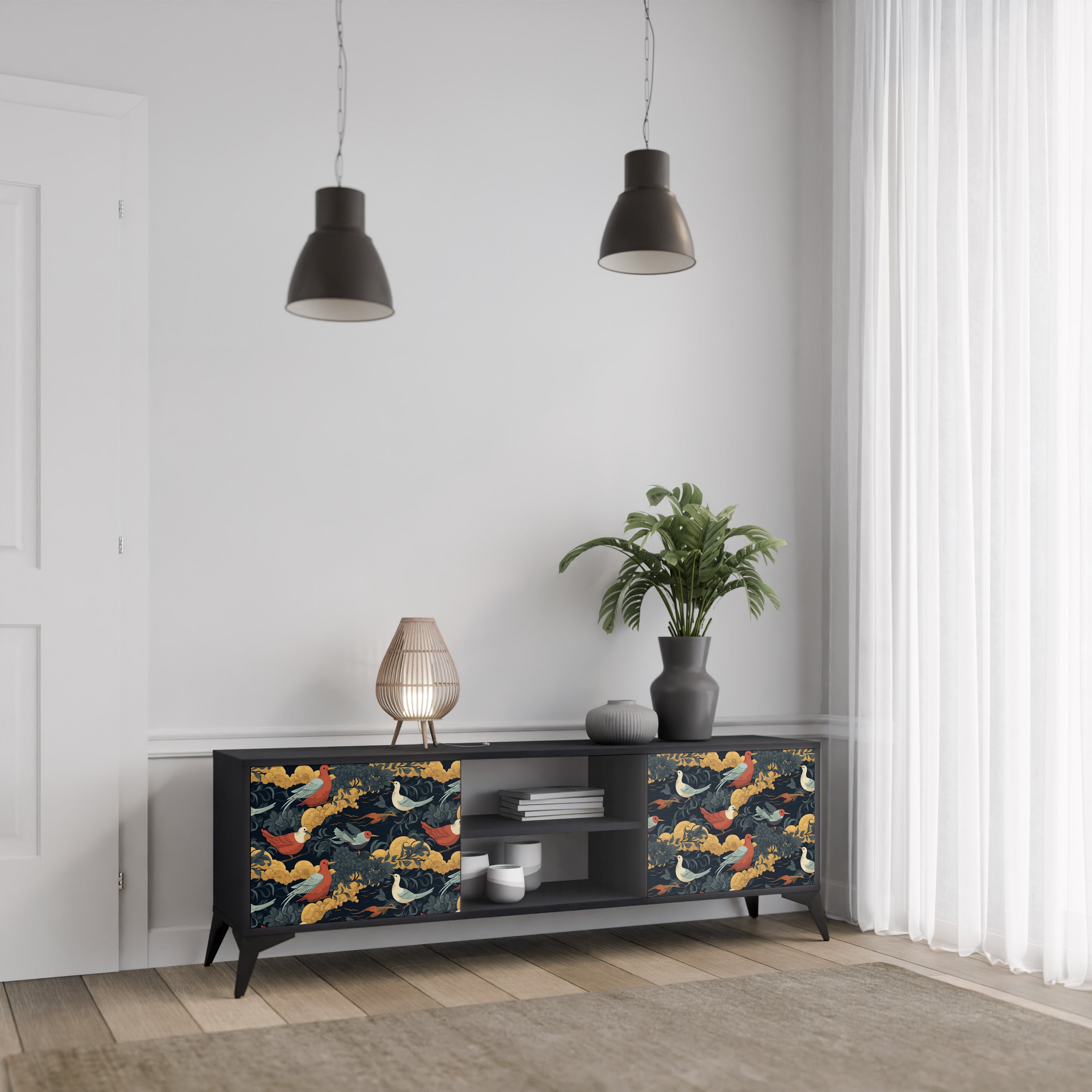 Mueble de TV de 2 puertas FOWLY DAZE con acabado negro