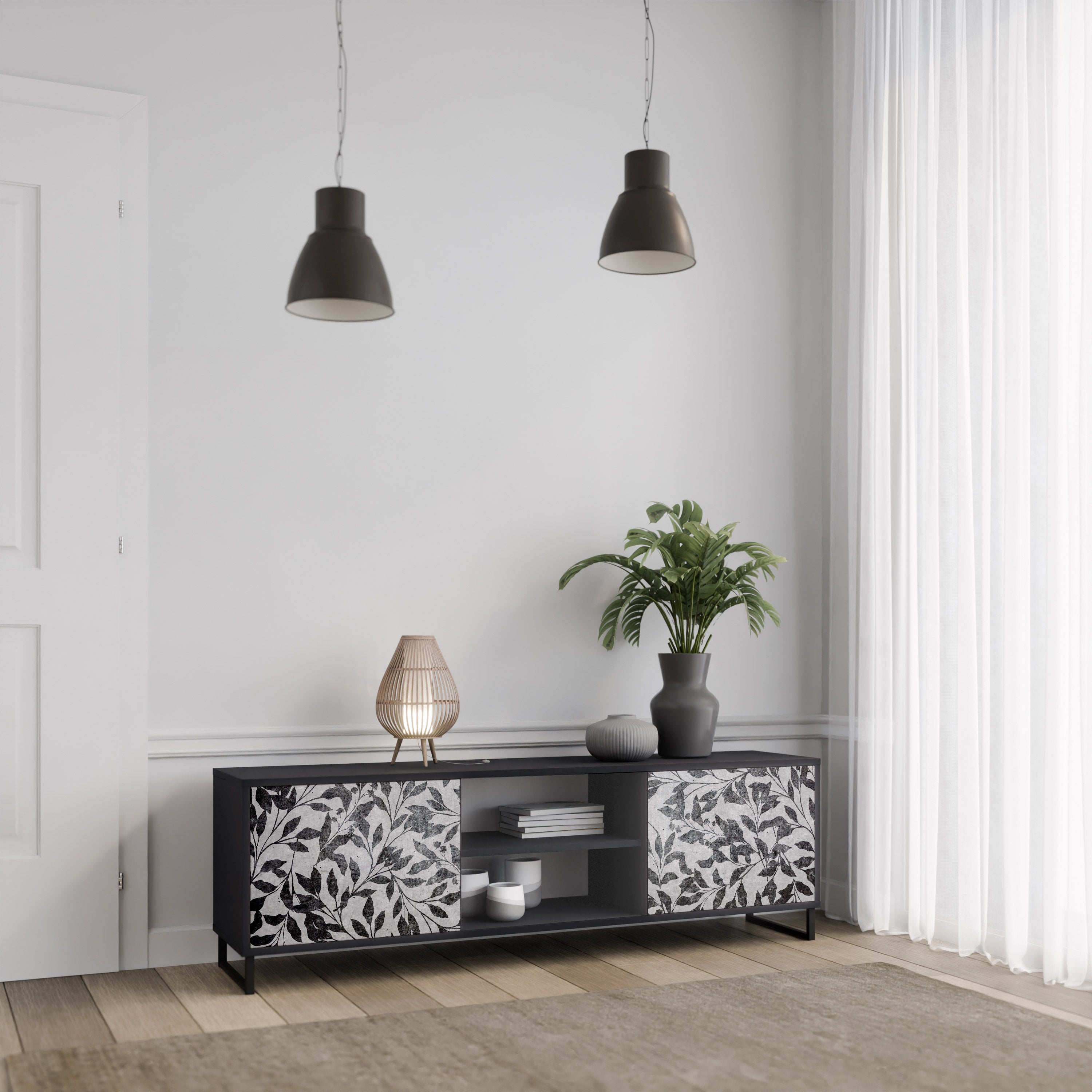 Mueble de TV de 2 puertas CHARCOAL SPROUT con acabado negro
