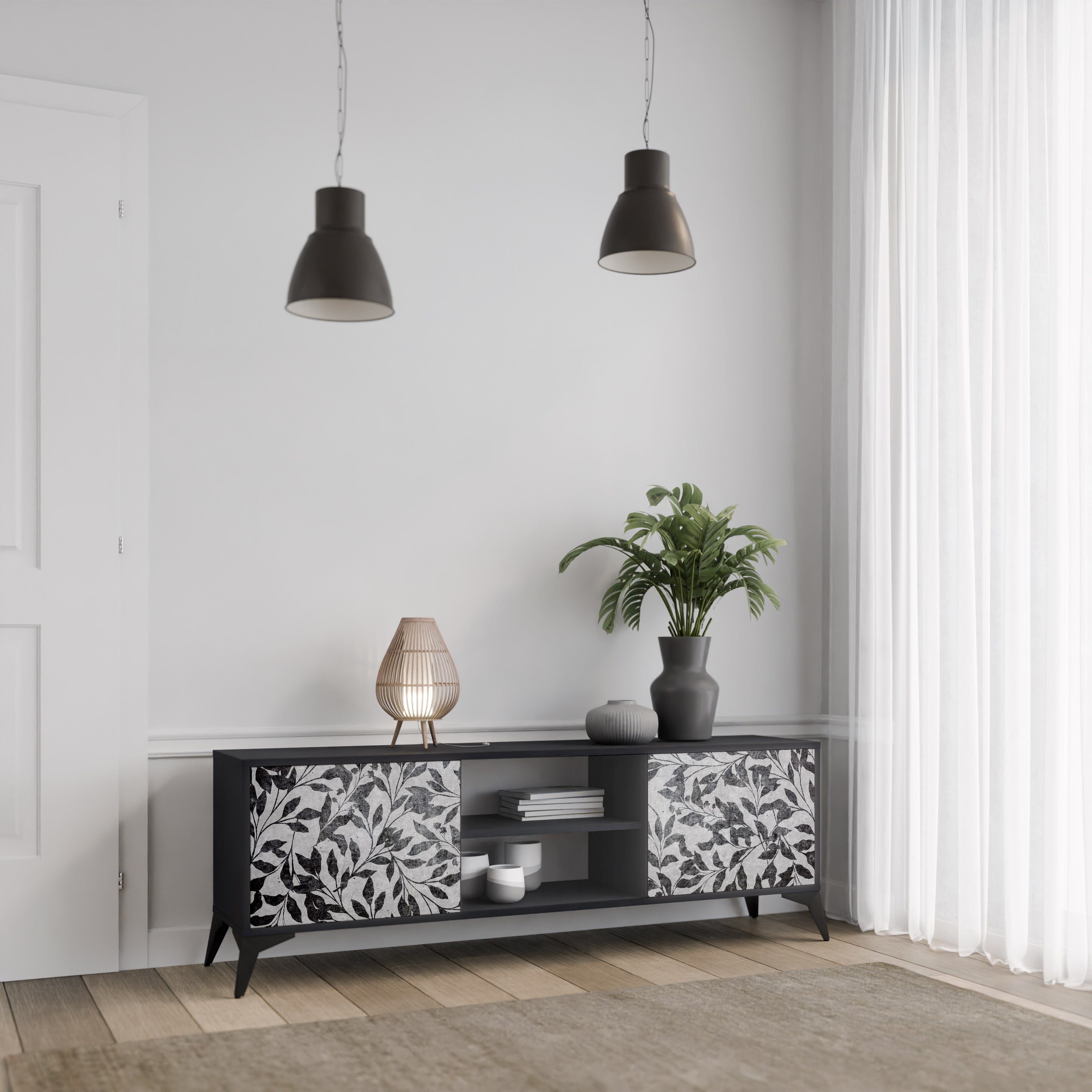 Mueble de TV de 2 puertas CHARCOAL SPROUT con acabado negro