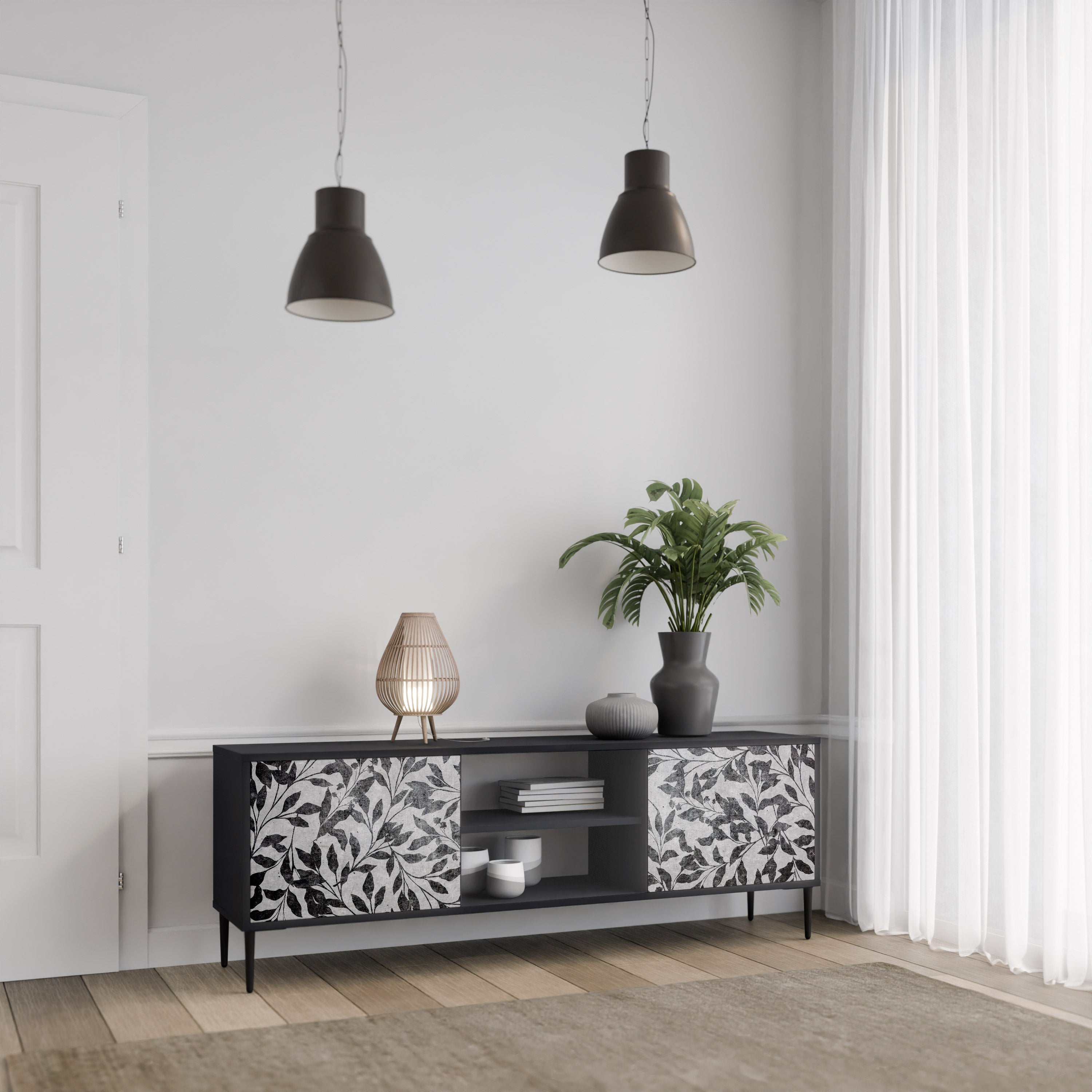 Mueble de TV de 2 puertas CHARCOAL SPROUT con acabado negro