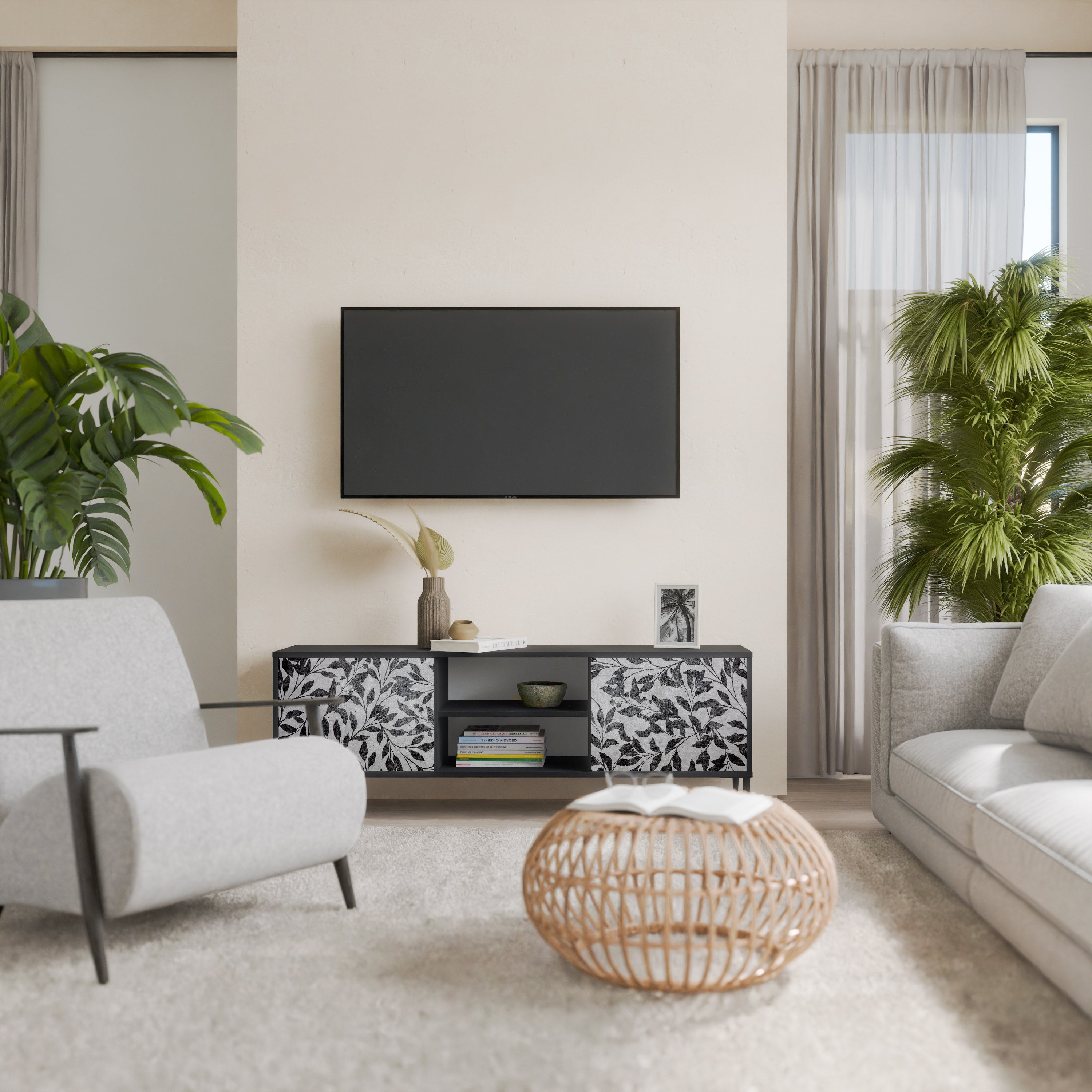 Mueble de TV de 2 puertas CHARCOAL SPROUT con acabado negro