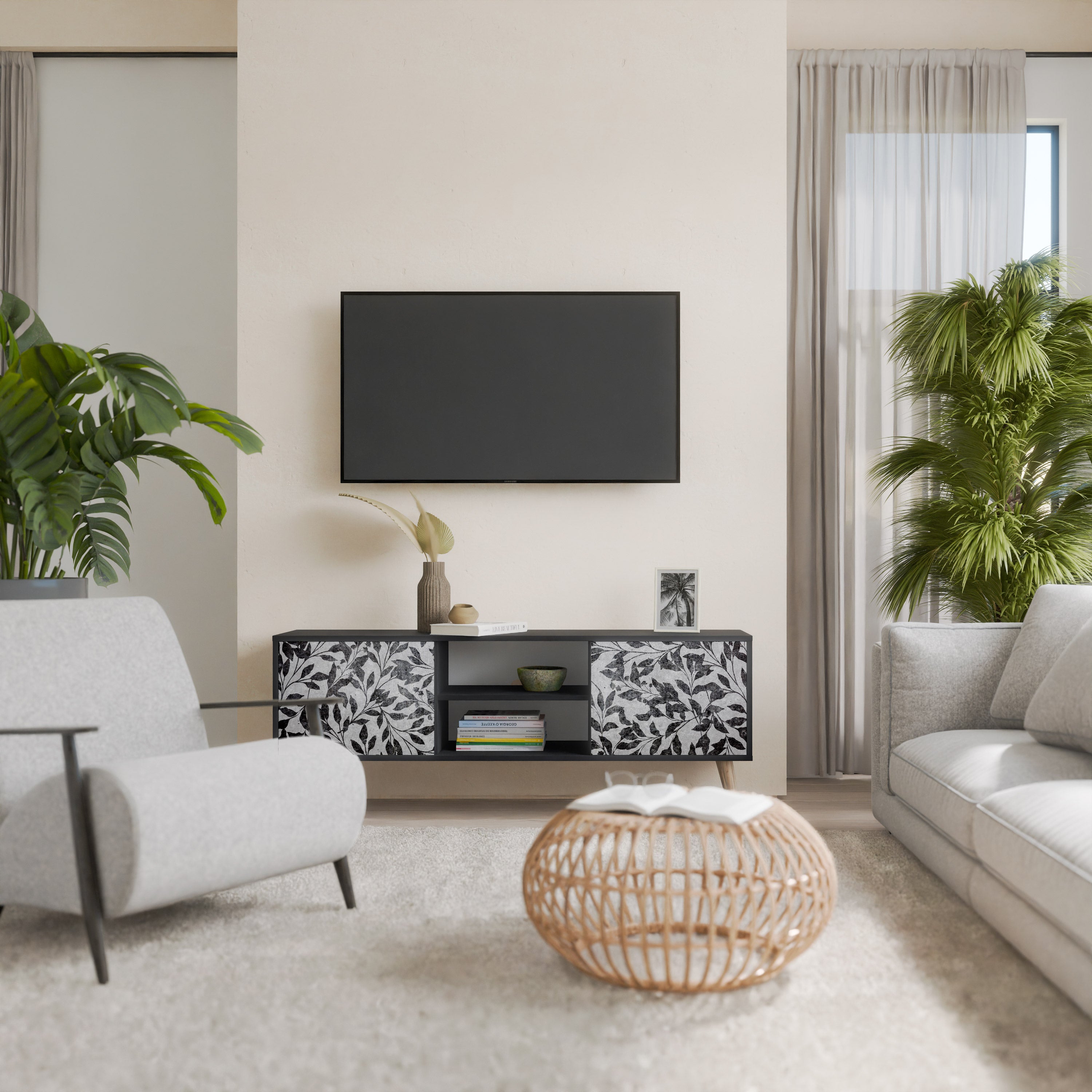 Mueble de TV de 2 puertas CHARCOAL SPROUT con acabado negro