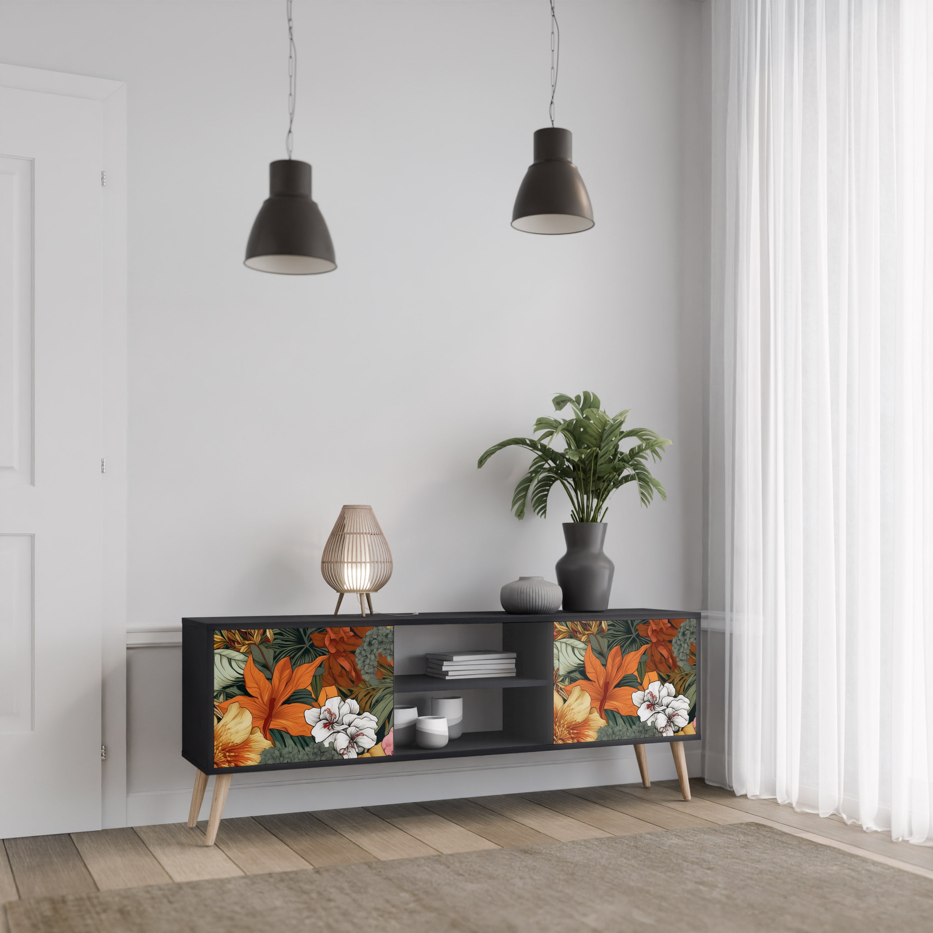 Mueble de TV de 2 puertas RADIANT FLORA en acabado negro