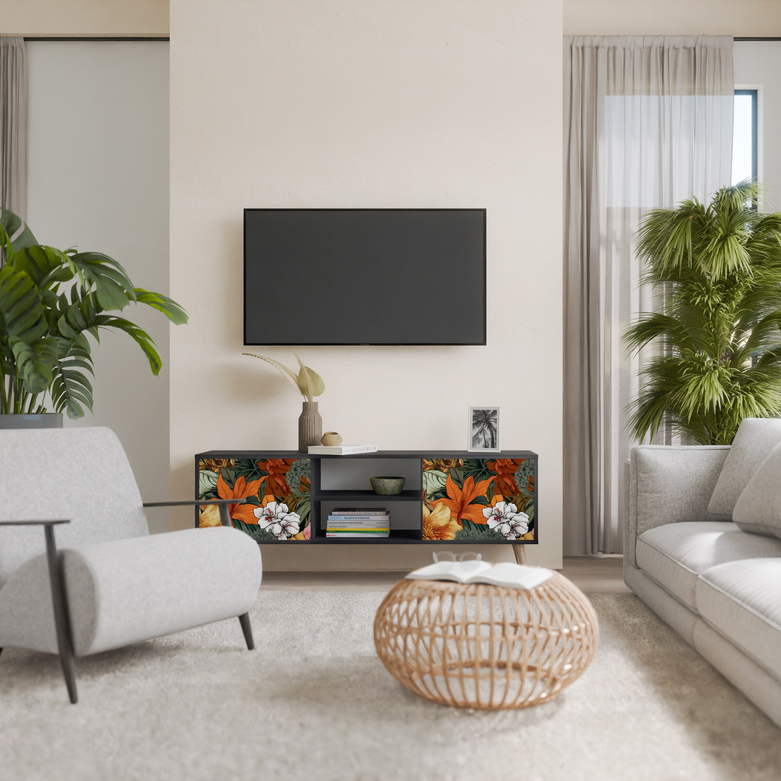 Mueble de TV de 2 puertas RADIANT FLORA en acabado negro