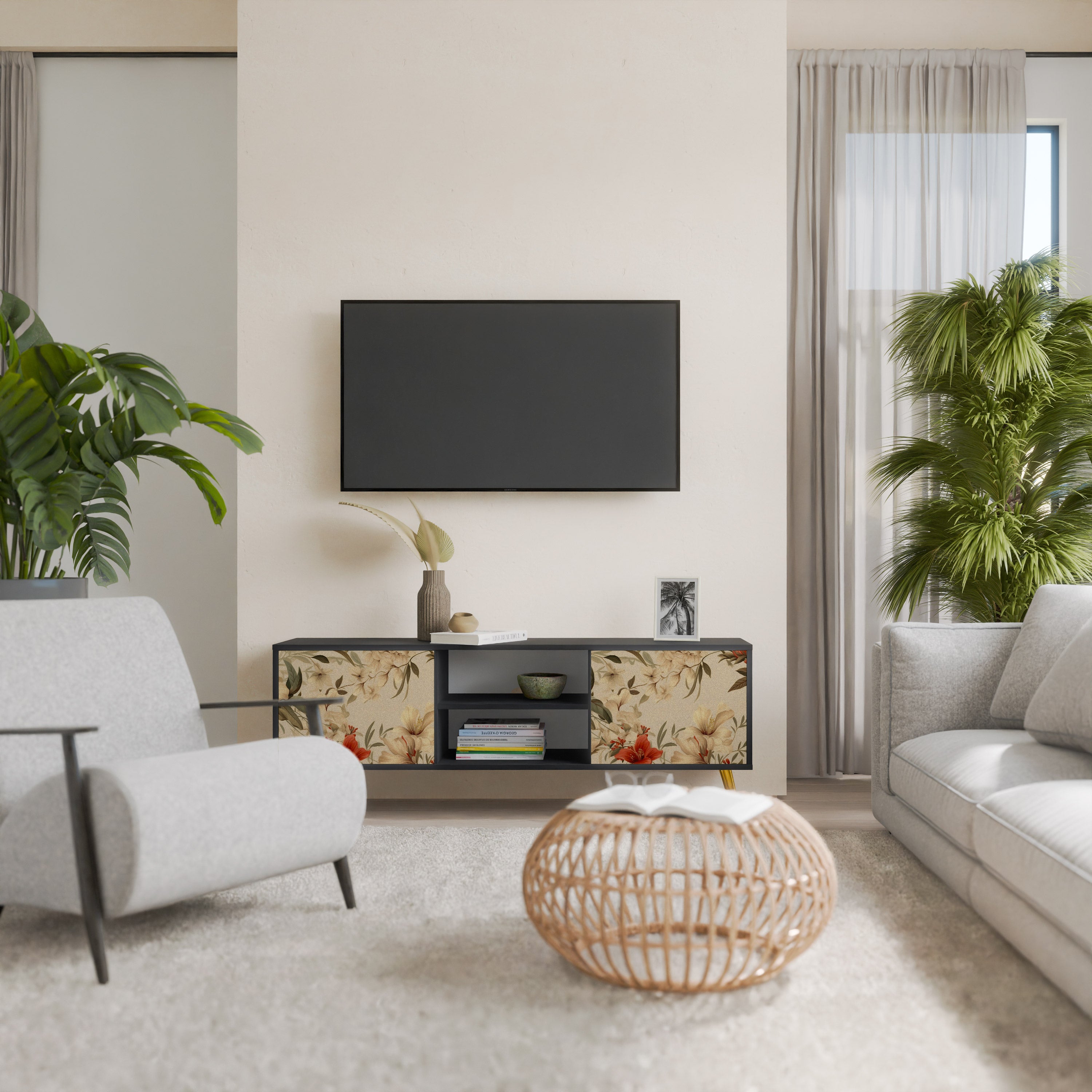 Mueble de TV de 2 puertas BLOOMING HARMONY en acabado negro