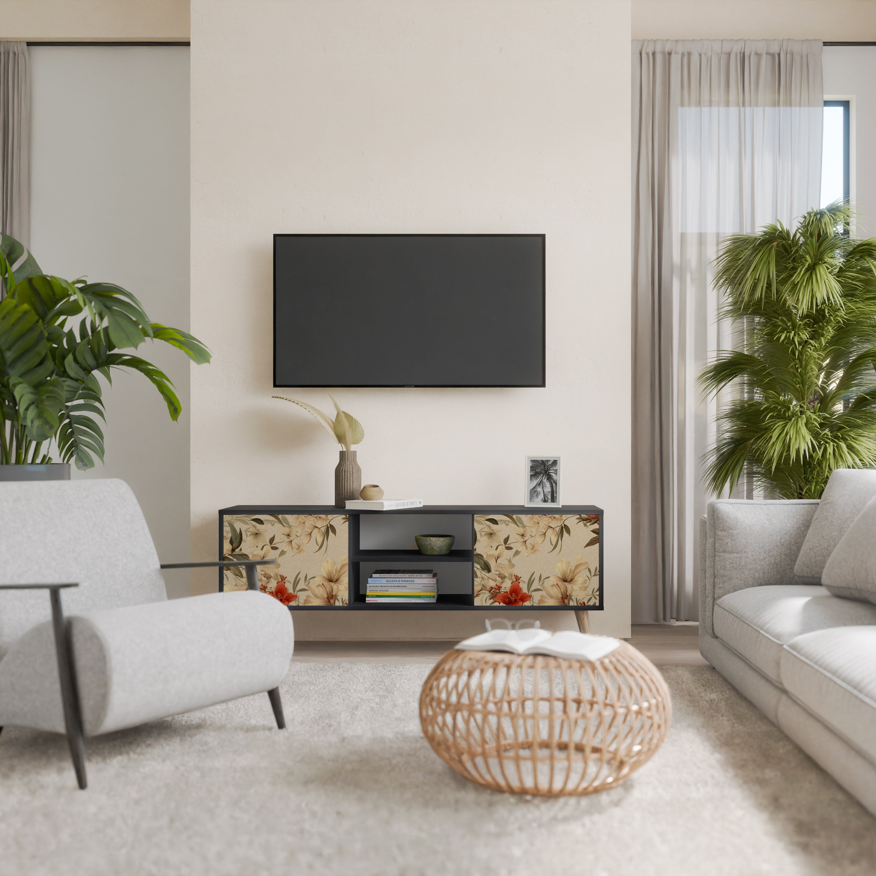Mueble de TV de 2 puertas BLOOMING HARMONY en acabado negro