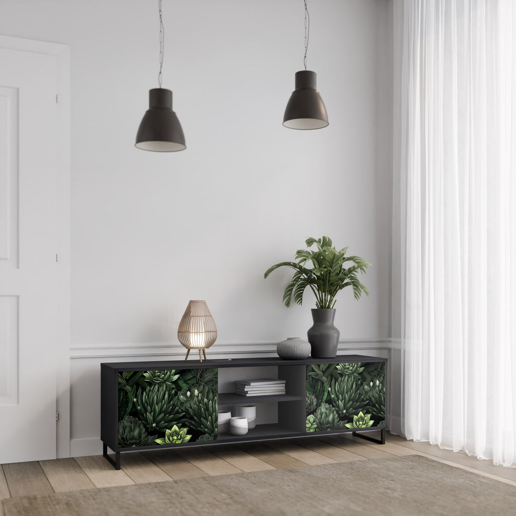 Mueble de TV de 2 puertas SUCCULENT JUNGLE con acabado negro