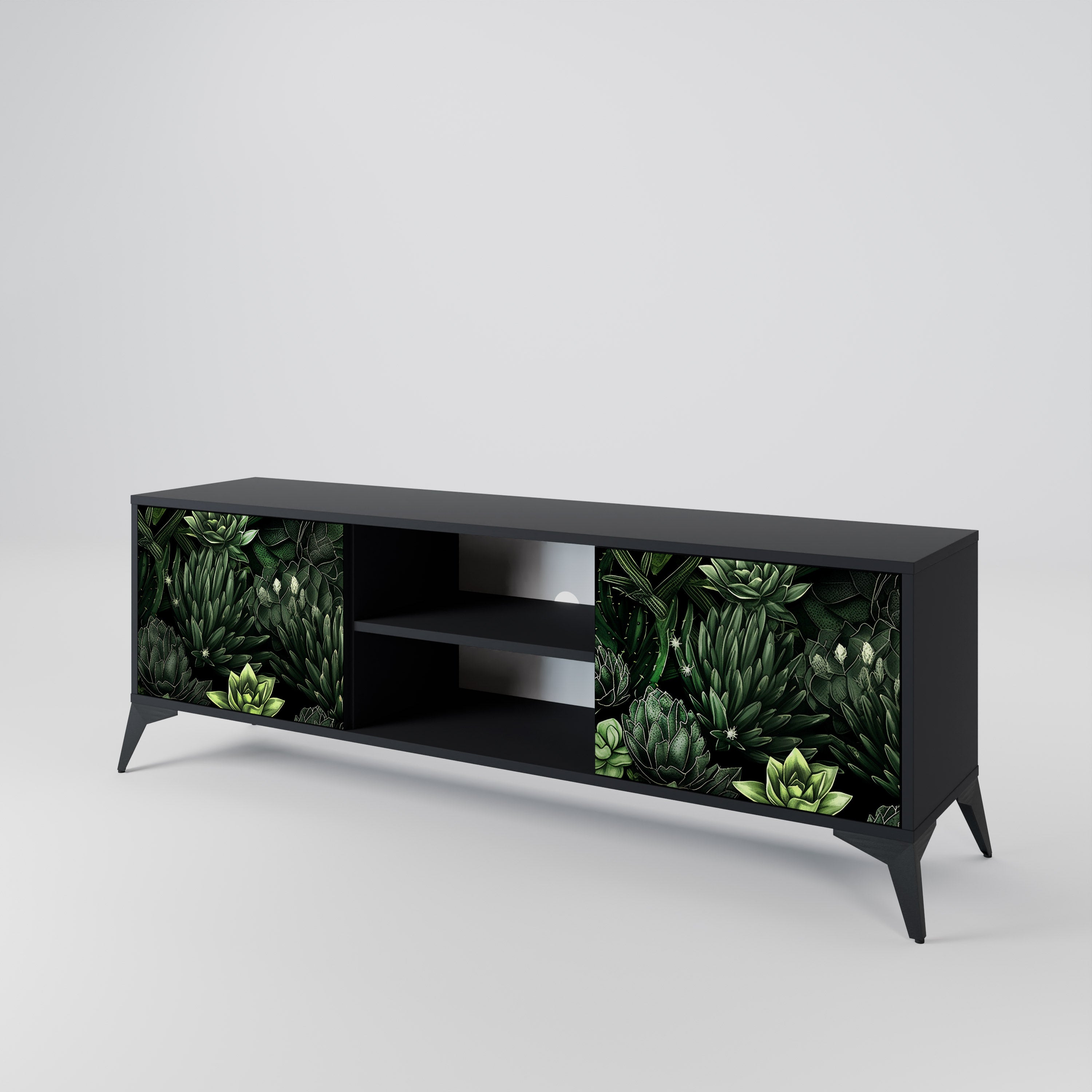 Mueble de TV de 2 puertas SUCCULENT JUNGLE con acabado negro