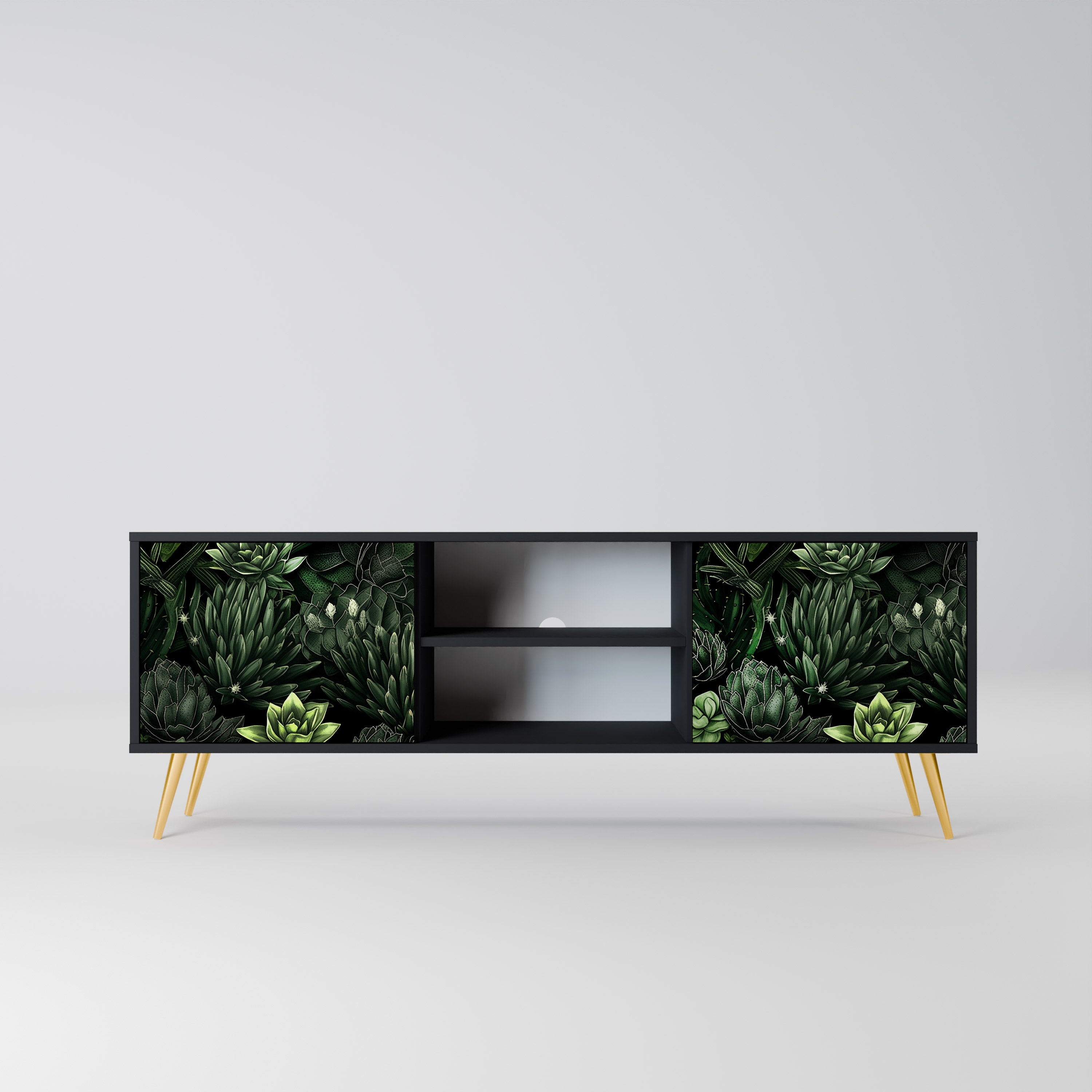 Mueble de TV de 2 puertas SUCCULENT JUNGLE con acabado negro