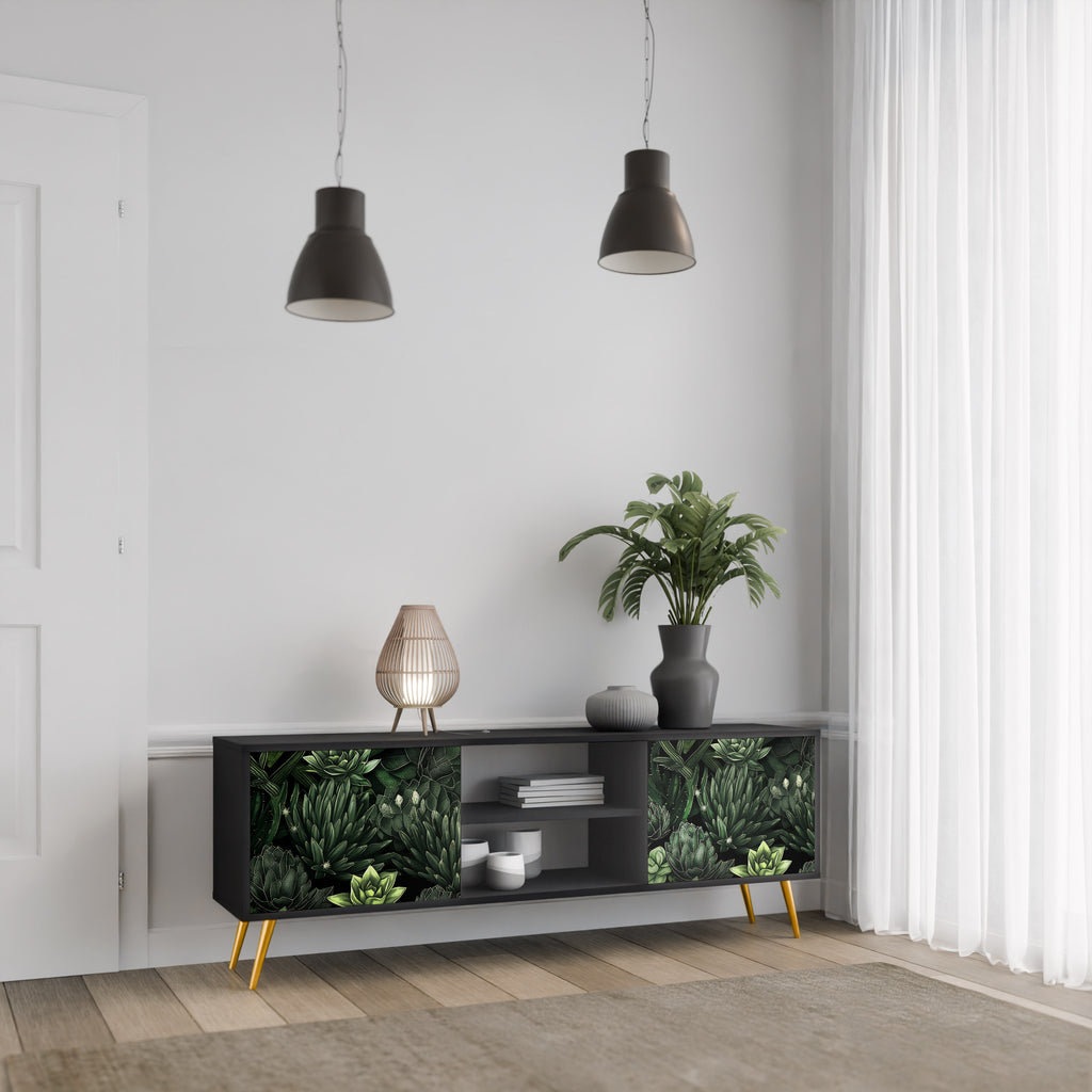 Mueble de TV de 2 puertas SUCCULENT JUNGLE con acabado negro