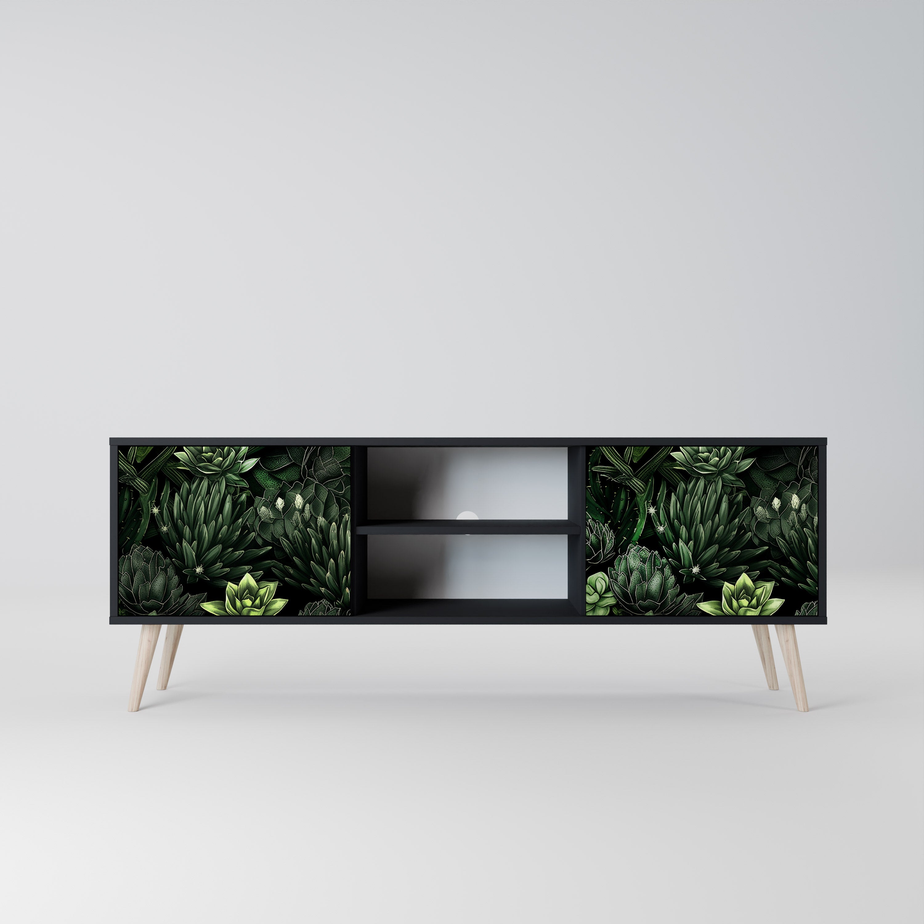 Mueble de TV de 2 puertas SUCCULENT JUNGLE con acabado negro