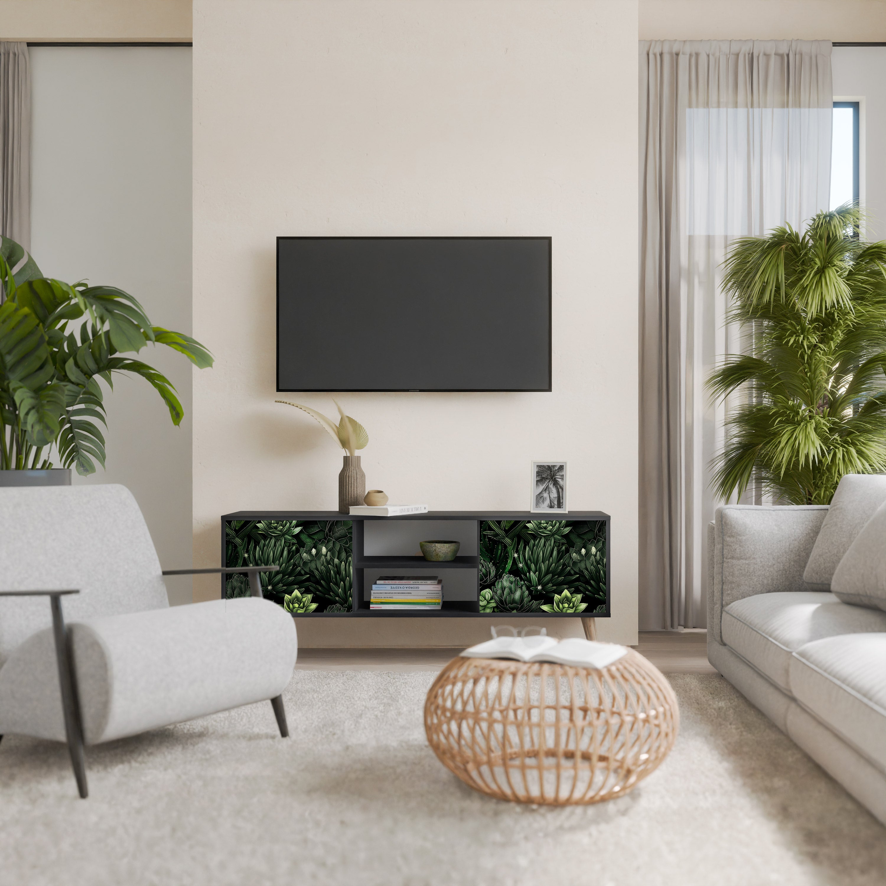 Mueble de TV de 2 puertas SUCCULENT JUNGLE con acabado negro