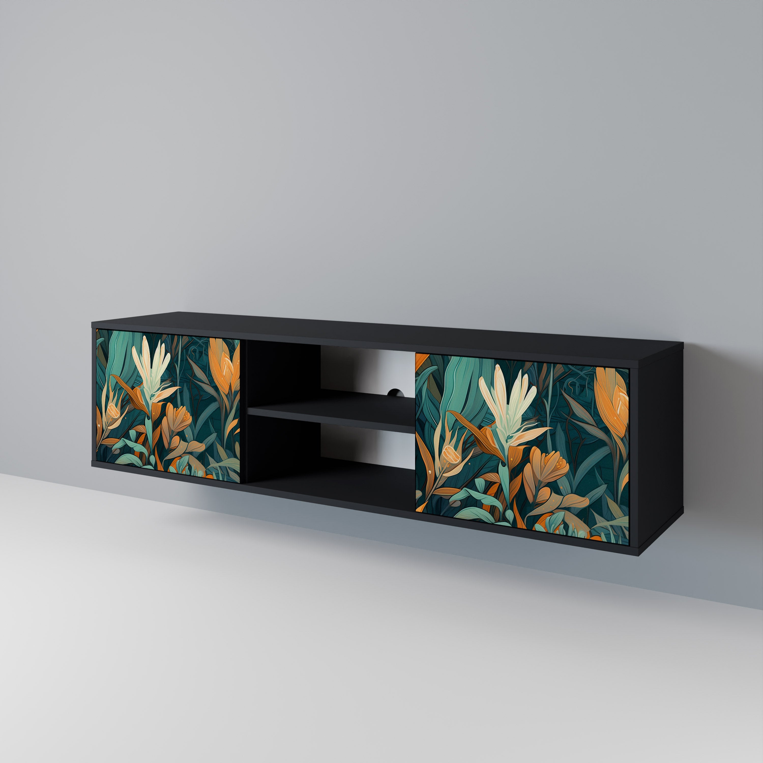 Mueble de TV de 2 puertas FLORAL SERENITY en acabado negro