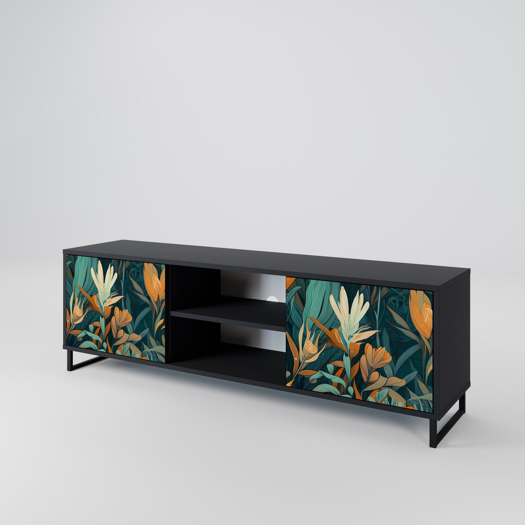 Mueble de TV de 2 puertas FLORAL SERENITY en acabado negro