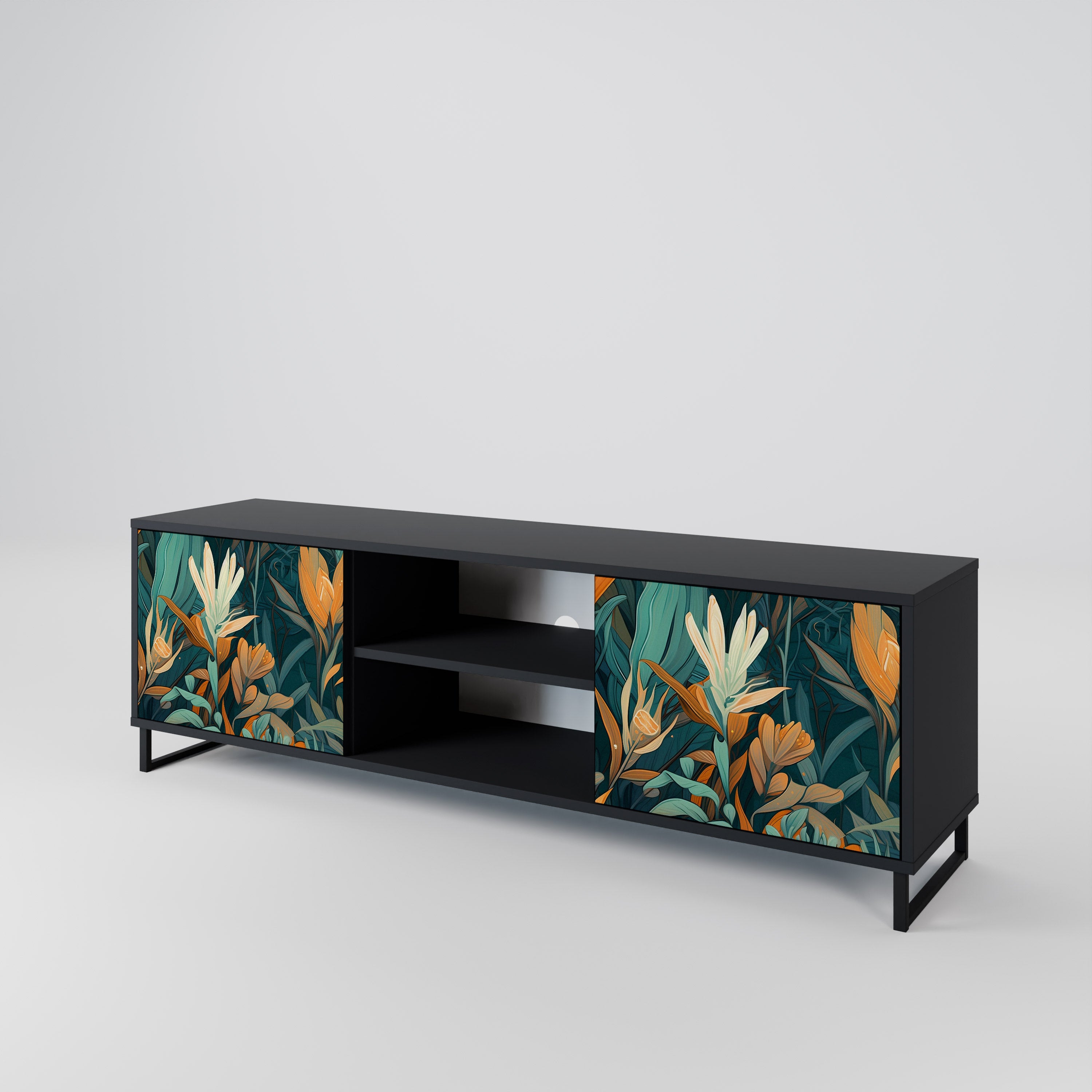 Mueble de TV de 2 puertas FLORAL SERENITY en acabado negro