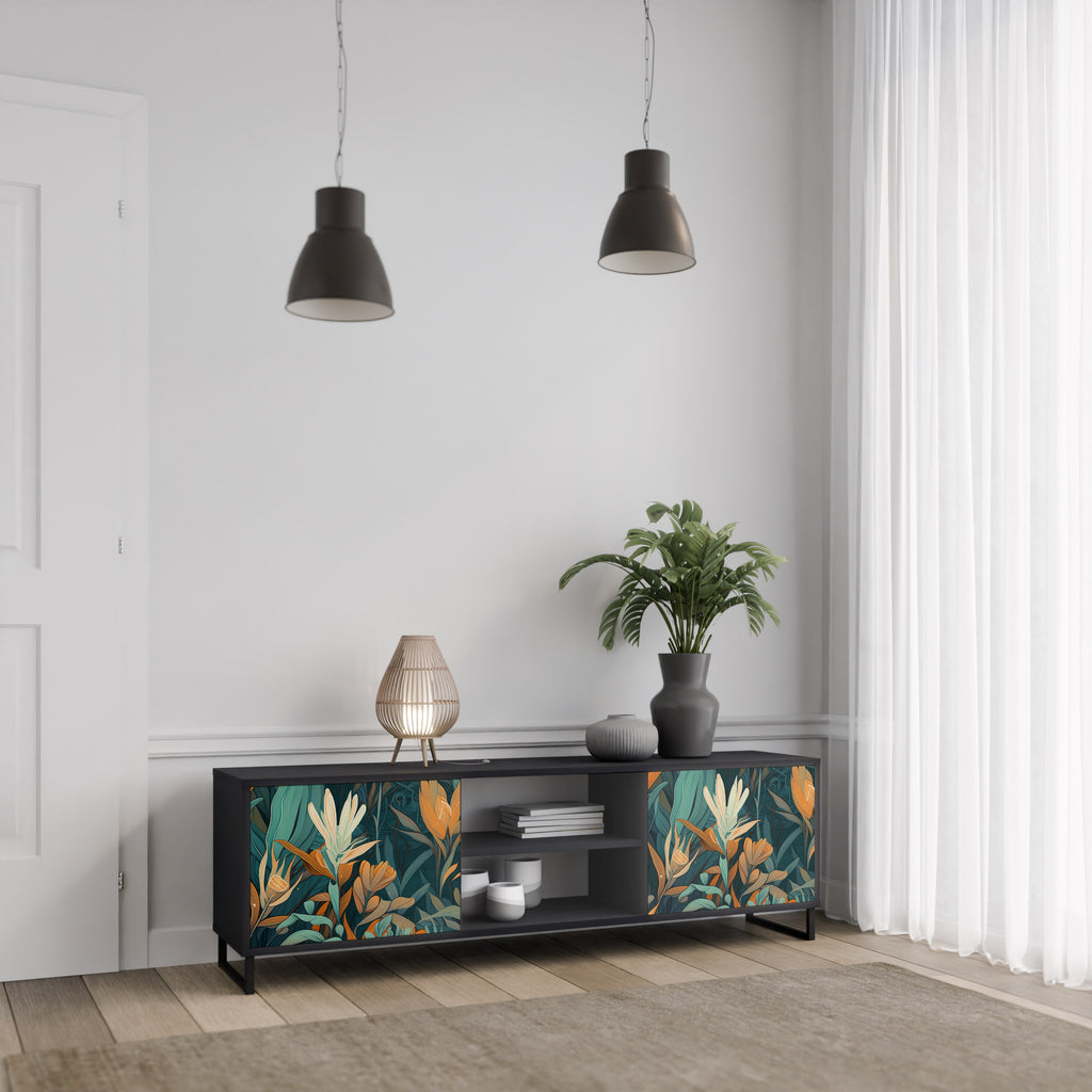 Mueble de TV de 2 puertas FLORAL SERENITY en acabado negro