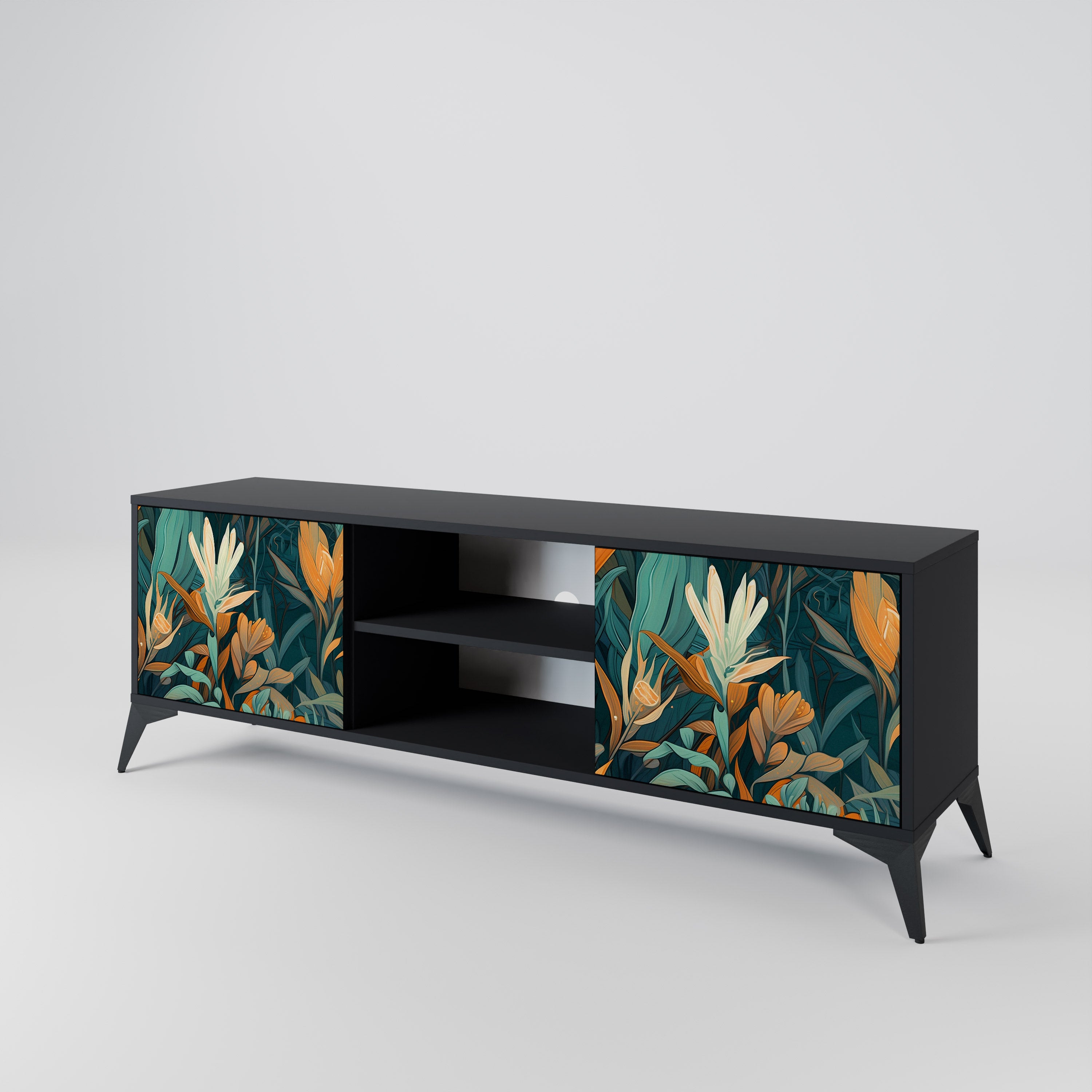 Mueble de TV de 2 puertas FLORAL SERENITY en acabado negro