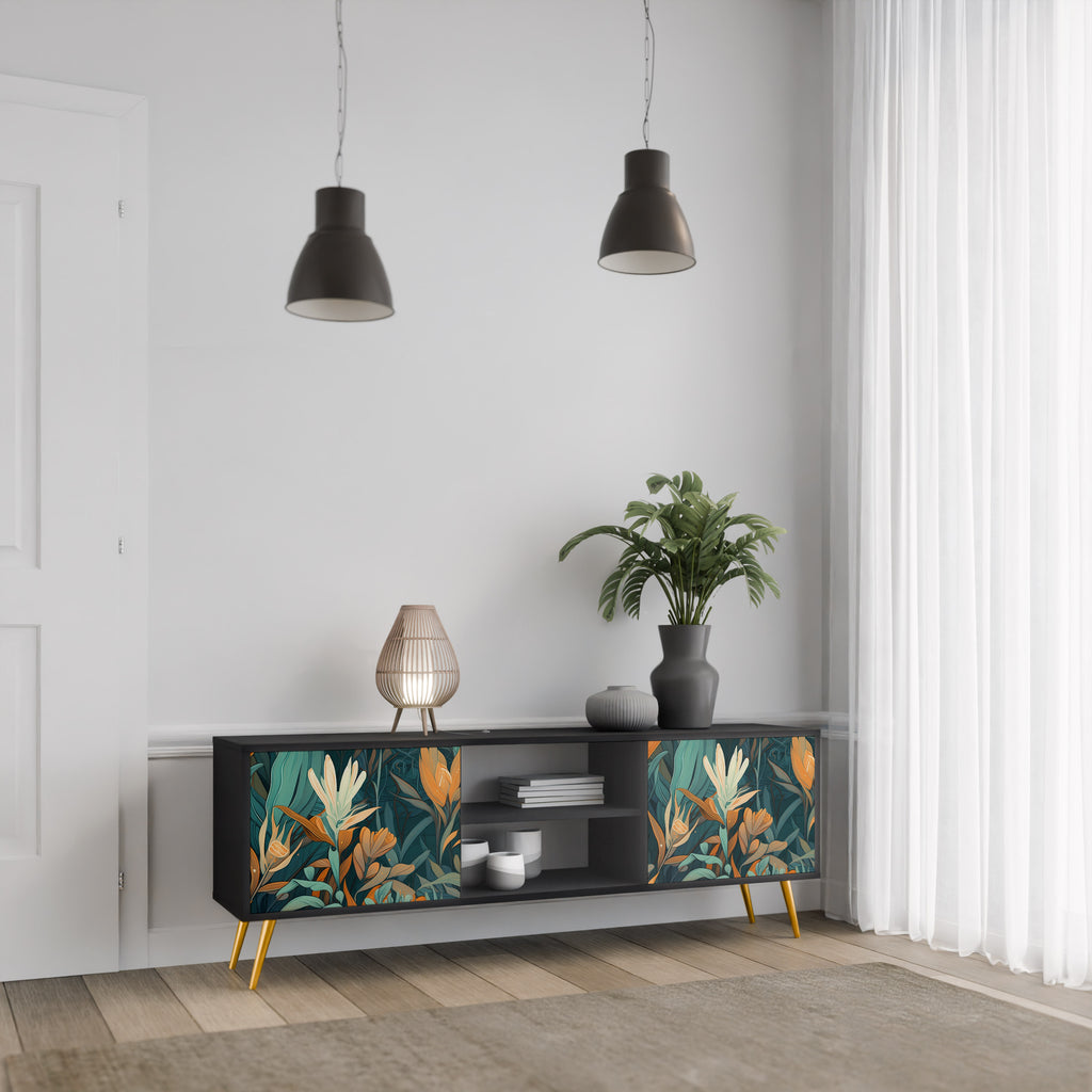 Mueble de TV de 2 puertas FLORAL SERENITY en acabado negro