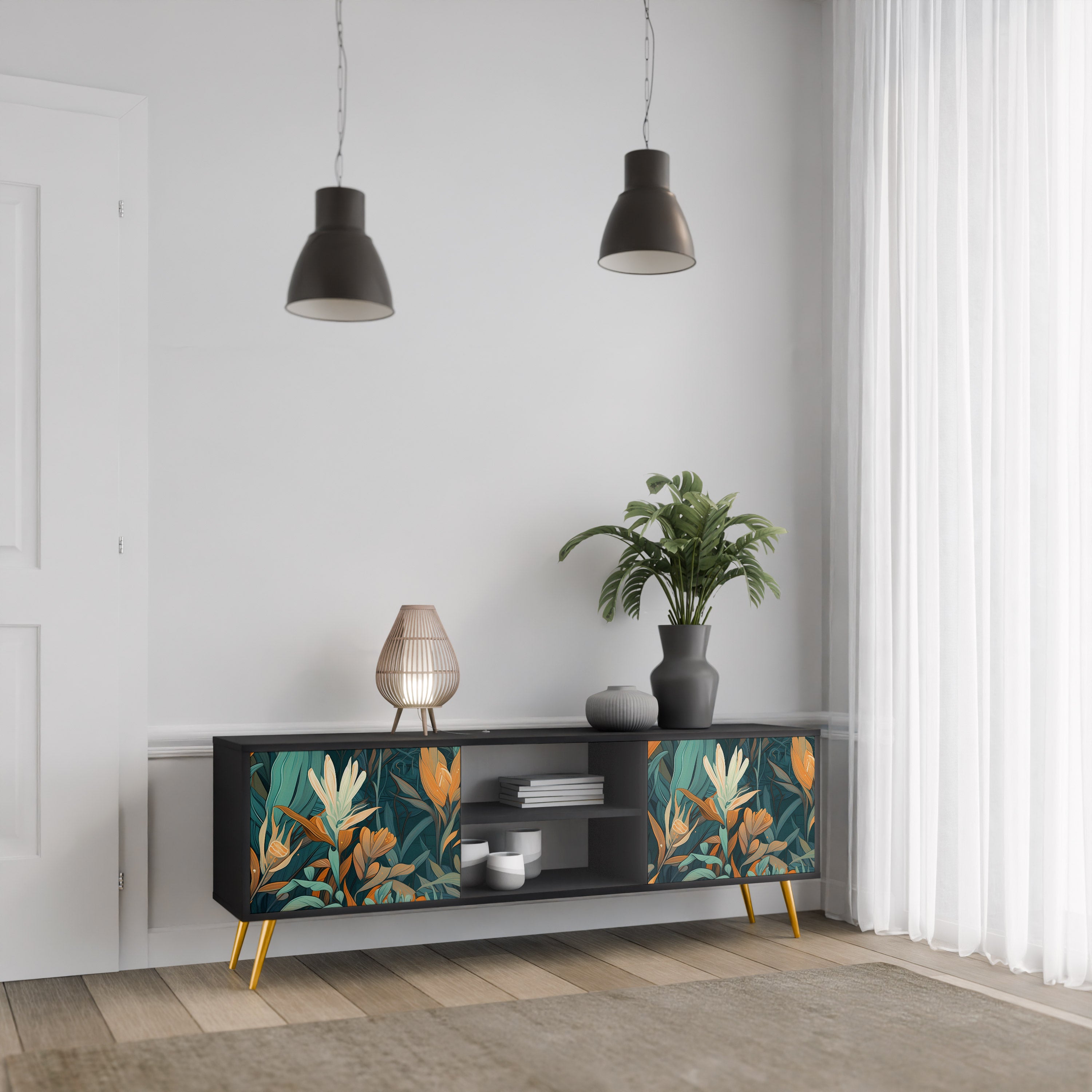 Mueble de TV de 2 puertas FLORAL SERENITY en acabado negro