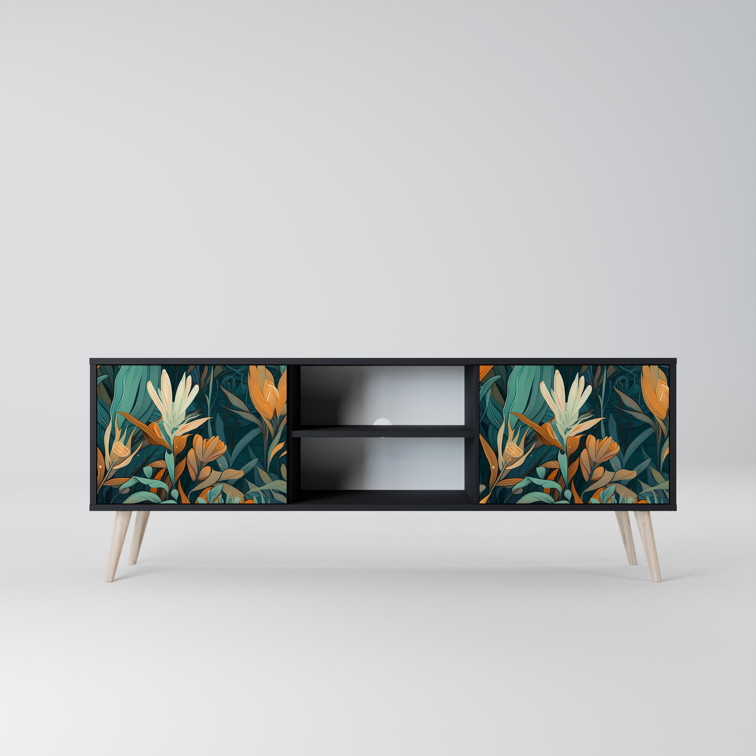 Mueble de TV de 2 puertas FLORAL SERENITY en acabado negro