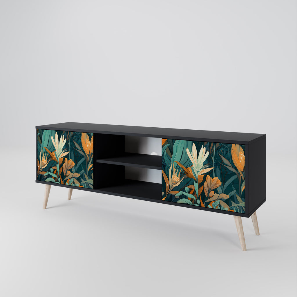 Mueble de TV de 2 puertas FLORAL SERENITY en acabado negro