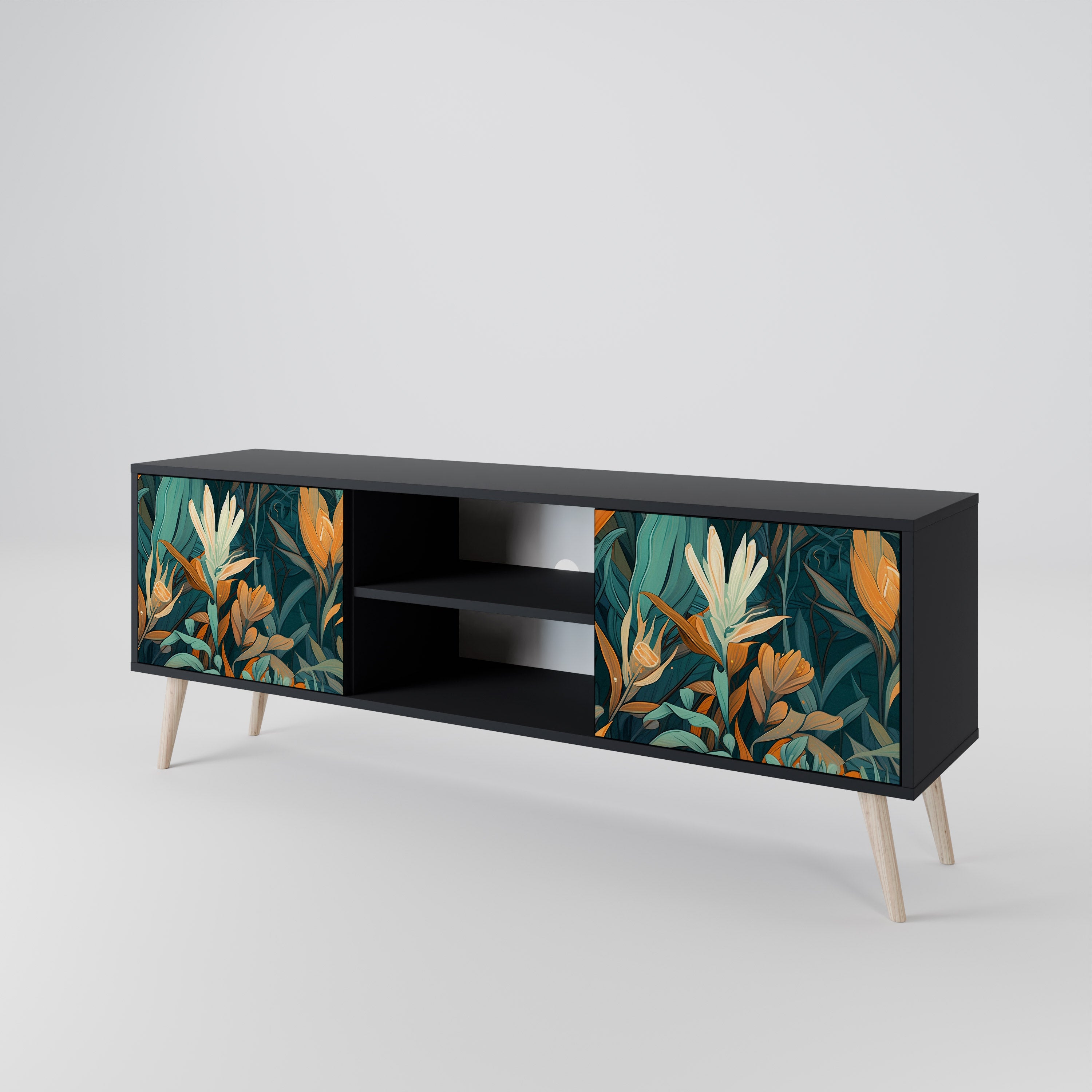 Mueble de TV de 2 puertas FLORAL SERENITY en acabado negro