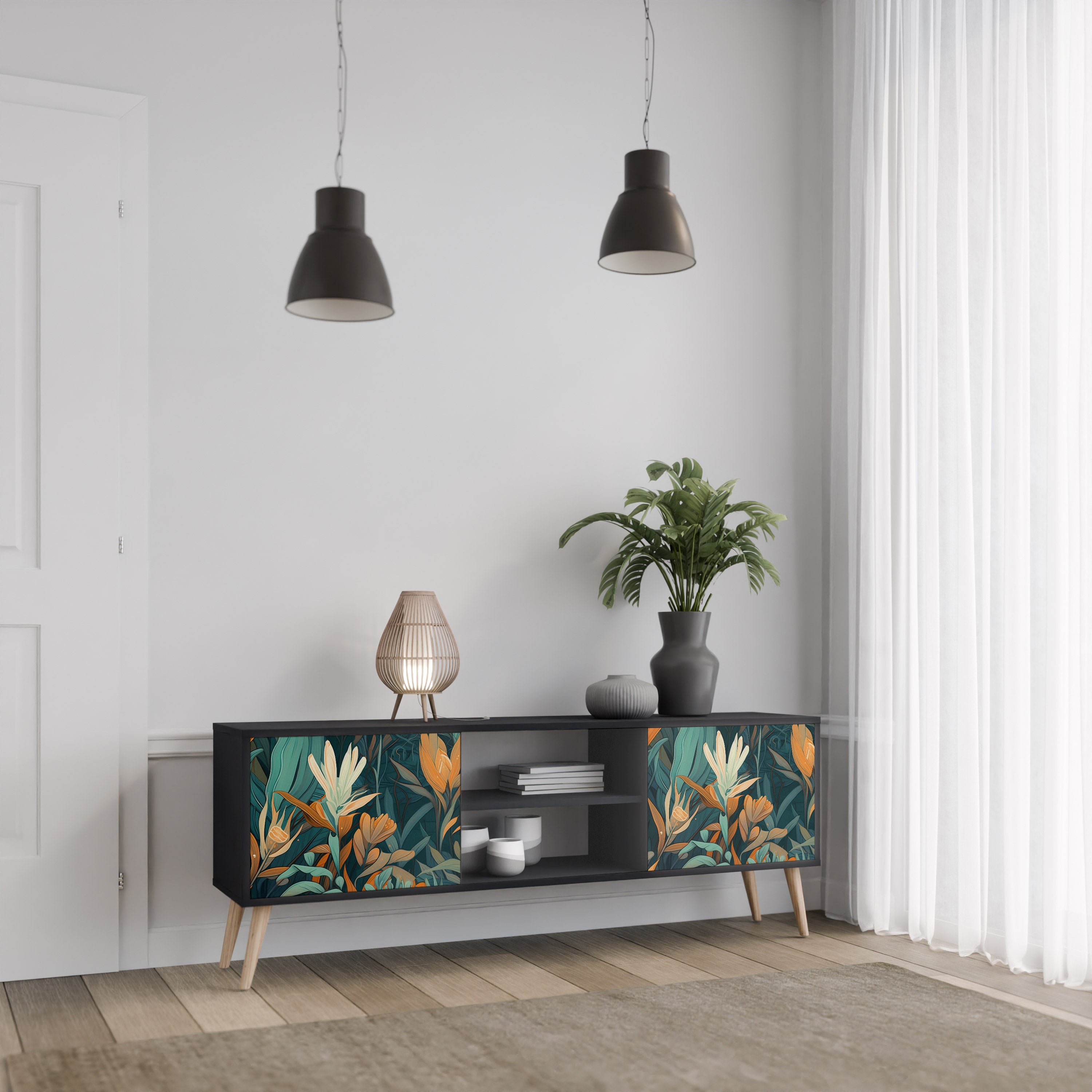 Mueble de TV de 2 puertas FLORAL SERENITY en acabado negro