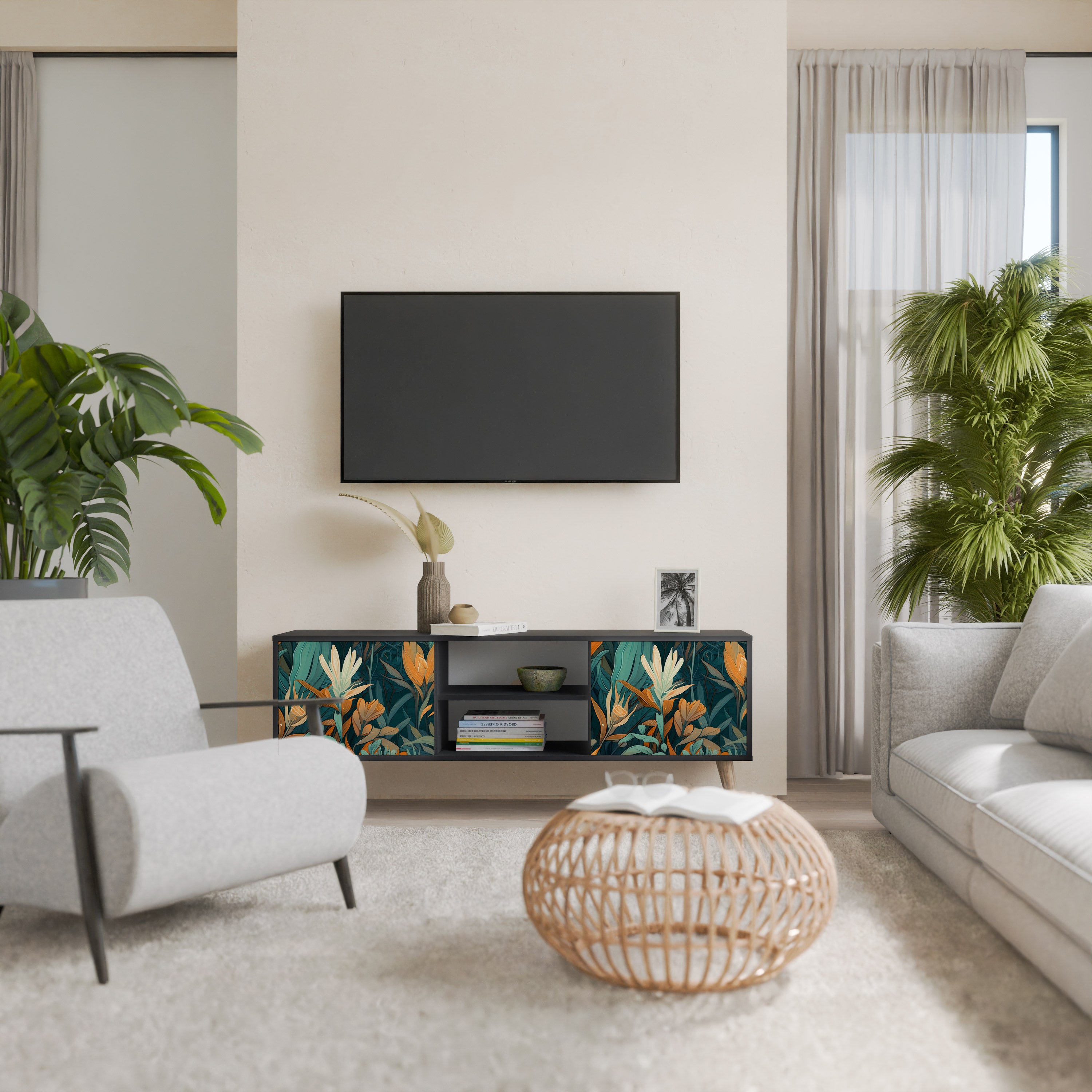 Mueble de TV de 2 puertas FLORAL SERENITY en acabado negro
